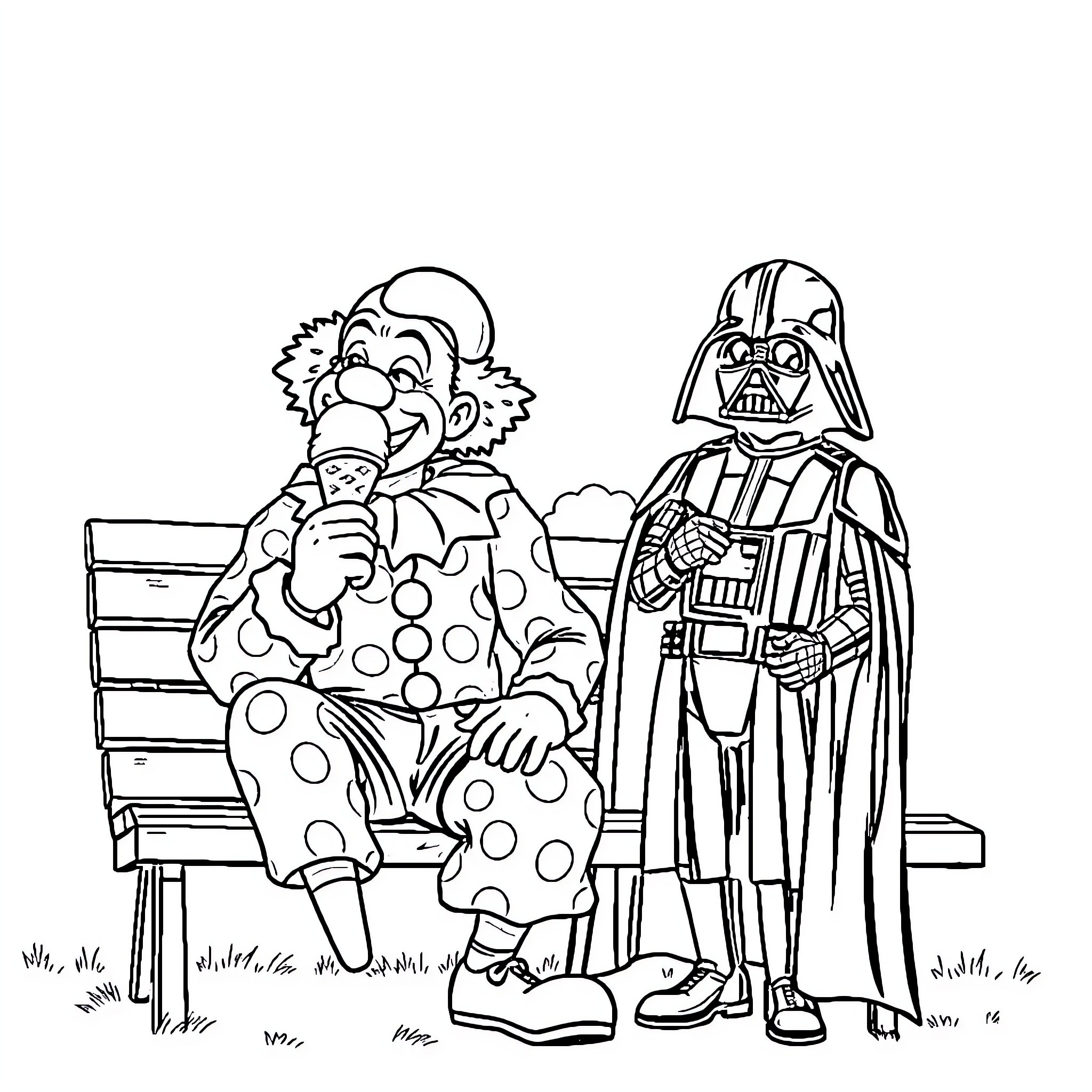 Clown and Darth Vader sharing a bench Coloring Page (free black-and-white line drawing printable PDF for all, from beginners to advanced learners, including children, teens, adults, and seniors)