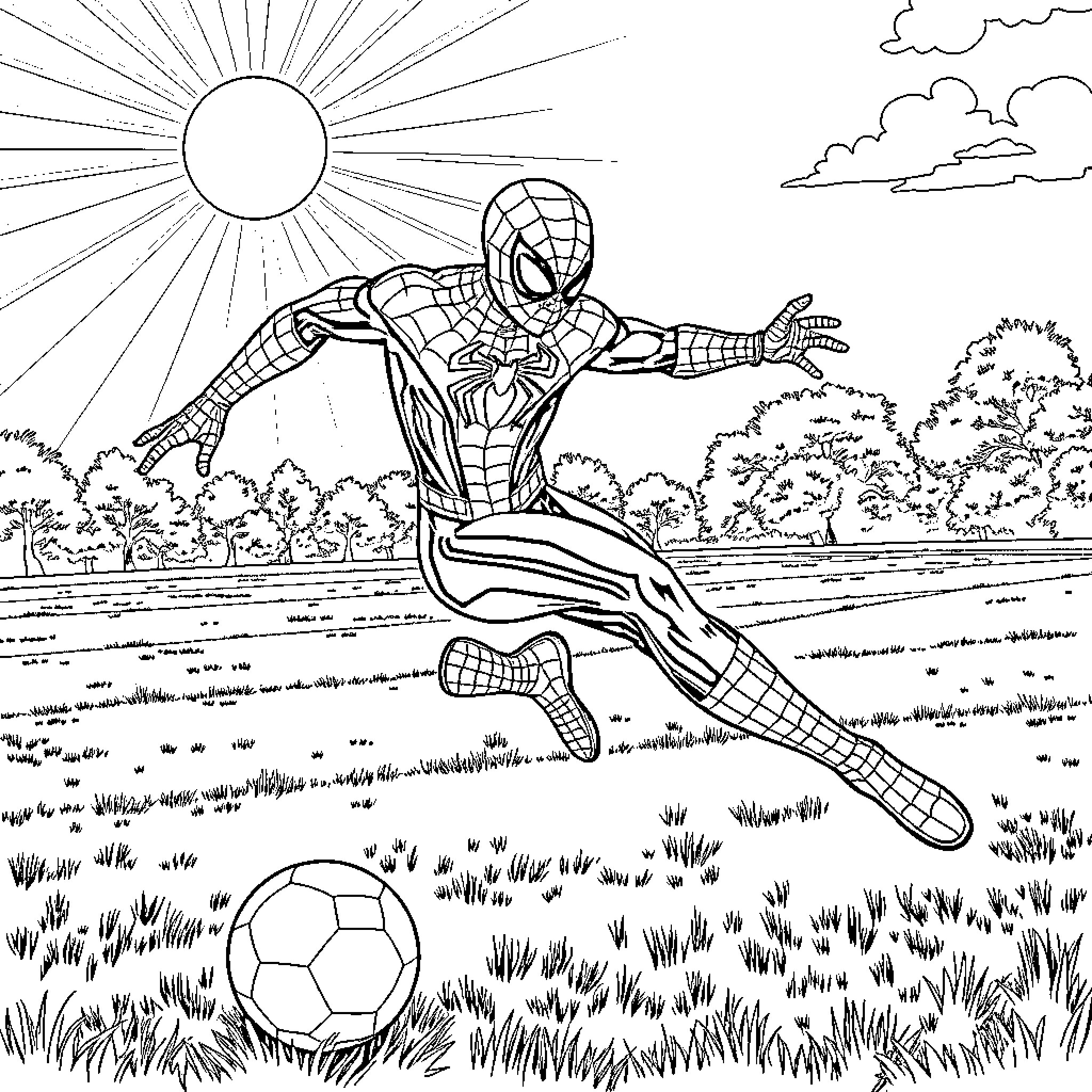 Spiderman jumping to kick the soccer ball in the park Coloring Page (free black-and-white line drawing printable PDF for all, from beginners to advanced learners, including children, teens, adults, and seniors)