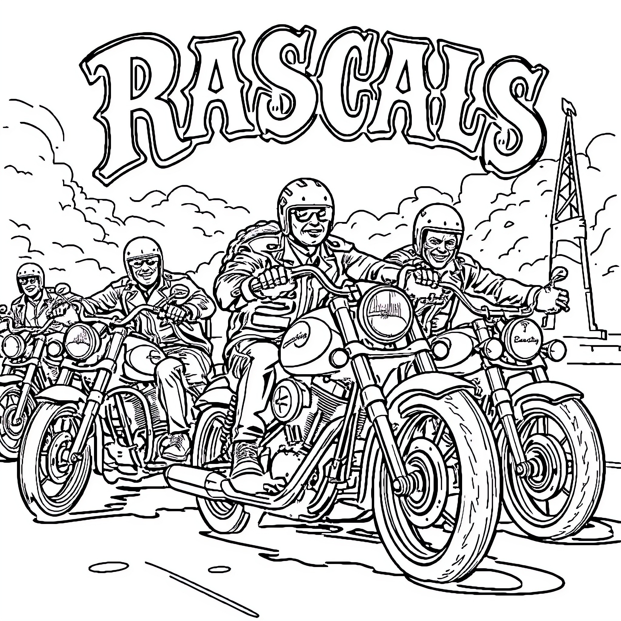 Motorcycle riders in a group adventure Coloring Page (free black-and-white line drawing printable PDF for all, from beginners to advanced learners, including children, teens, adults, and seniors)