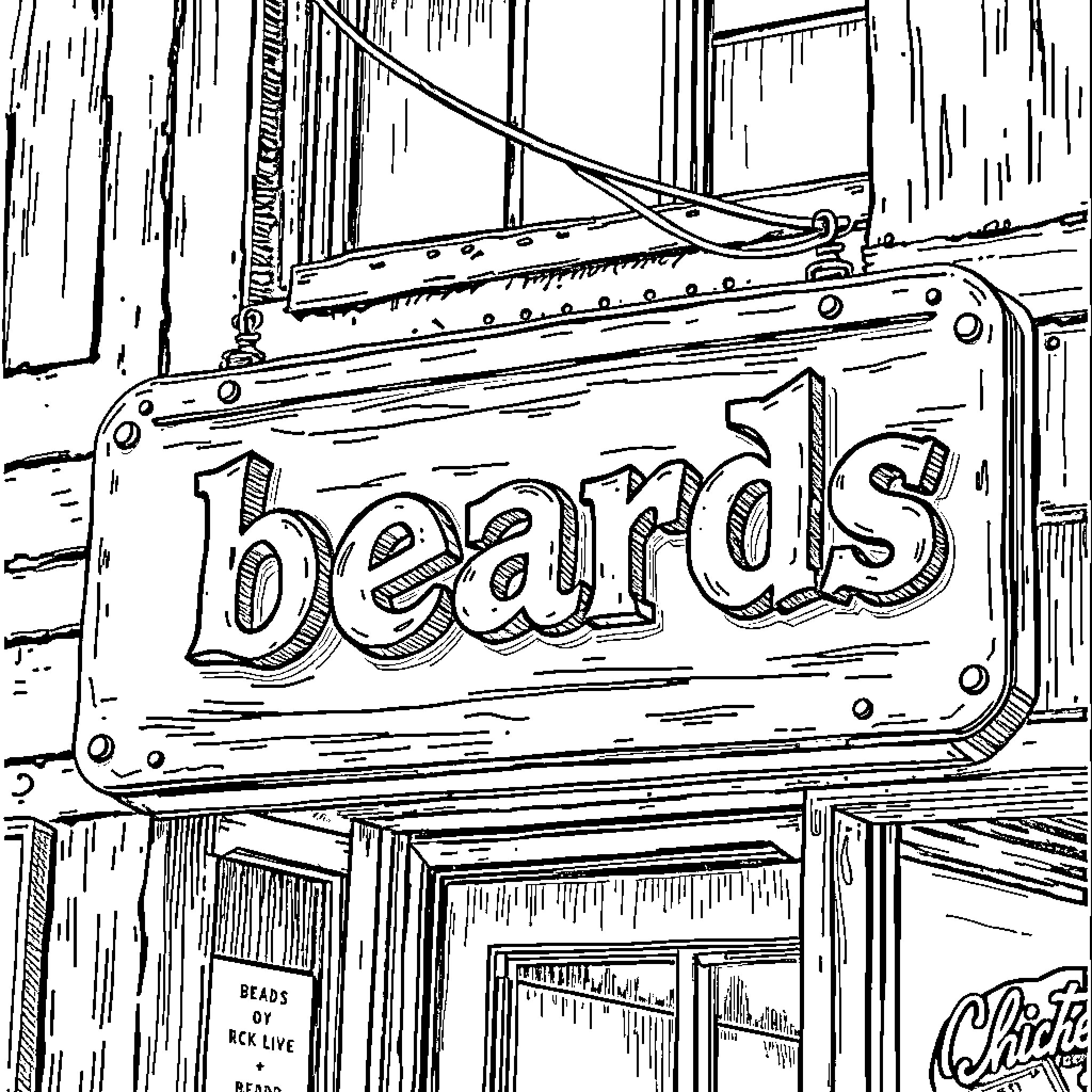 Beard's shop sign in old-fashioned style Coloring Page (free black-and-white line drawing printable PDF for all, from beginners to advanced learners, including children, teens, adults, and seniors)