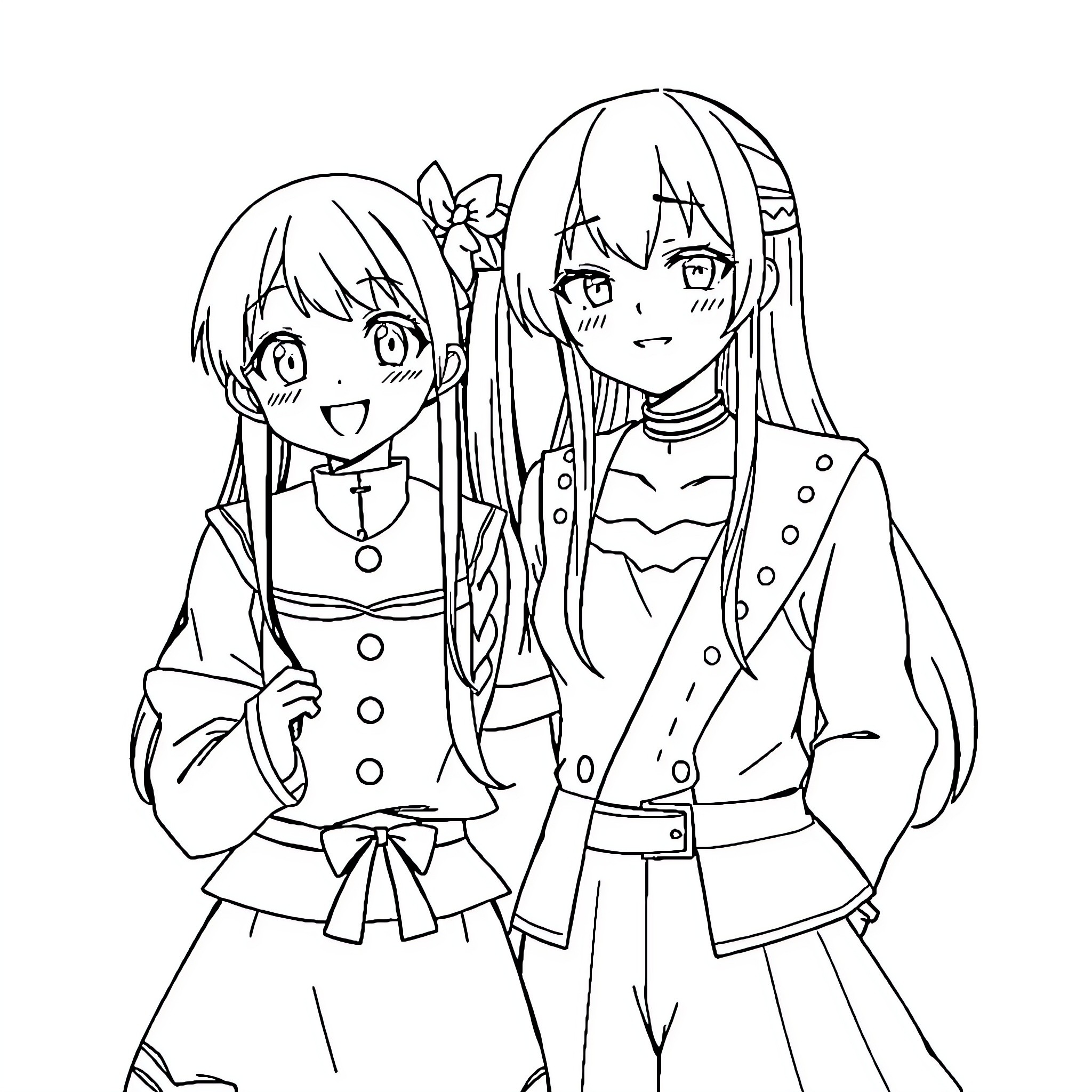 Nezuko and Friend in Anime-inspired Outfits Coloring Page (free black-and-white line drawing printable PDF for all, from beginners to advanced learners, including children, teens, adults, and seniors)