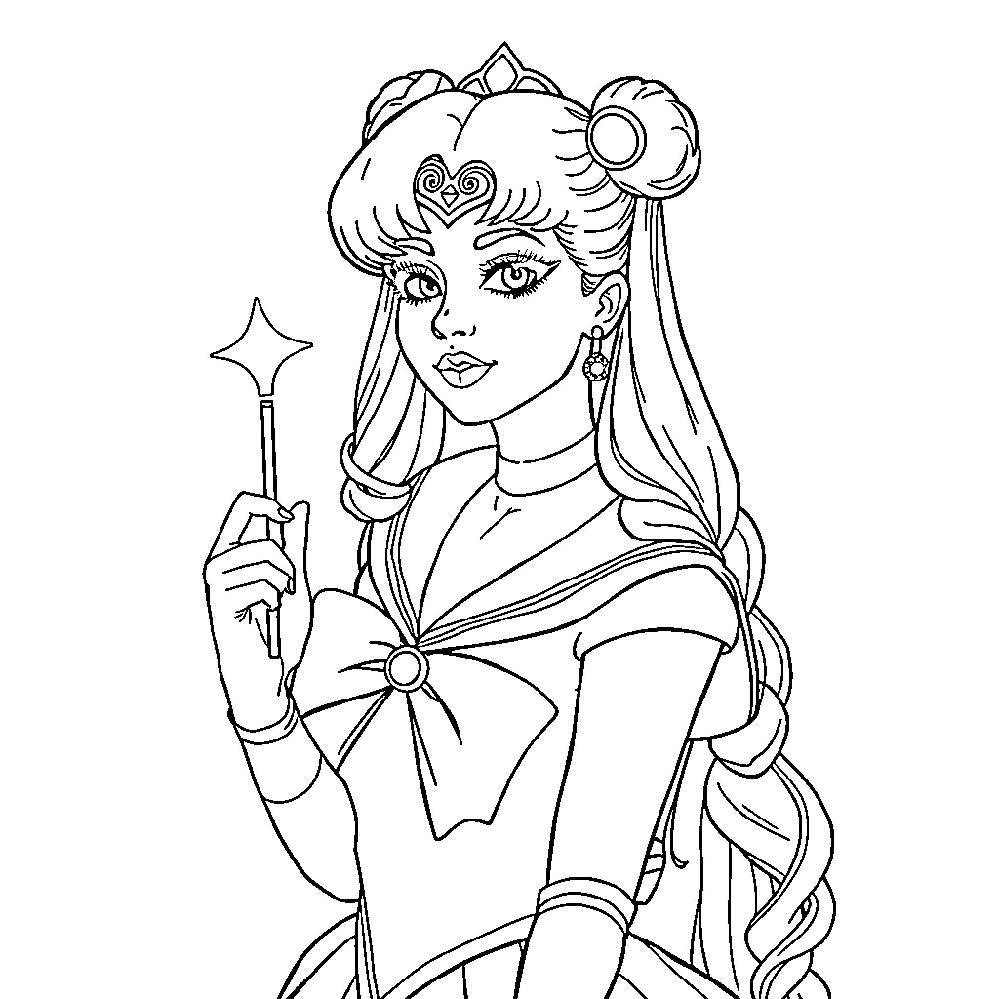 Sailor Moon Heroine in Iconic Outfit with Magic Wand Coloring Page (free black-and-white line drawing printable PDF for all, from beginners to advanced learners, including children, teens, adults, and seniors)