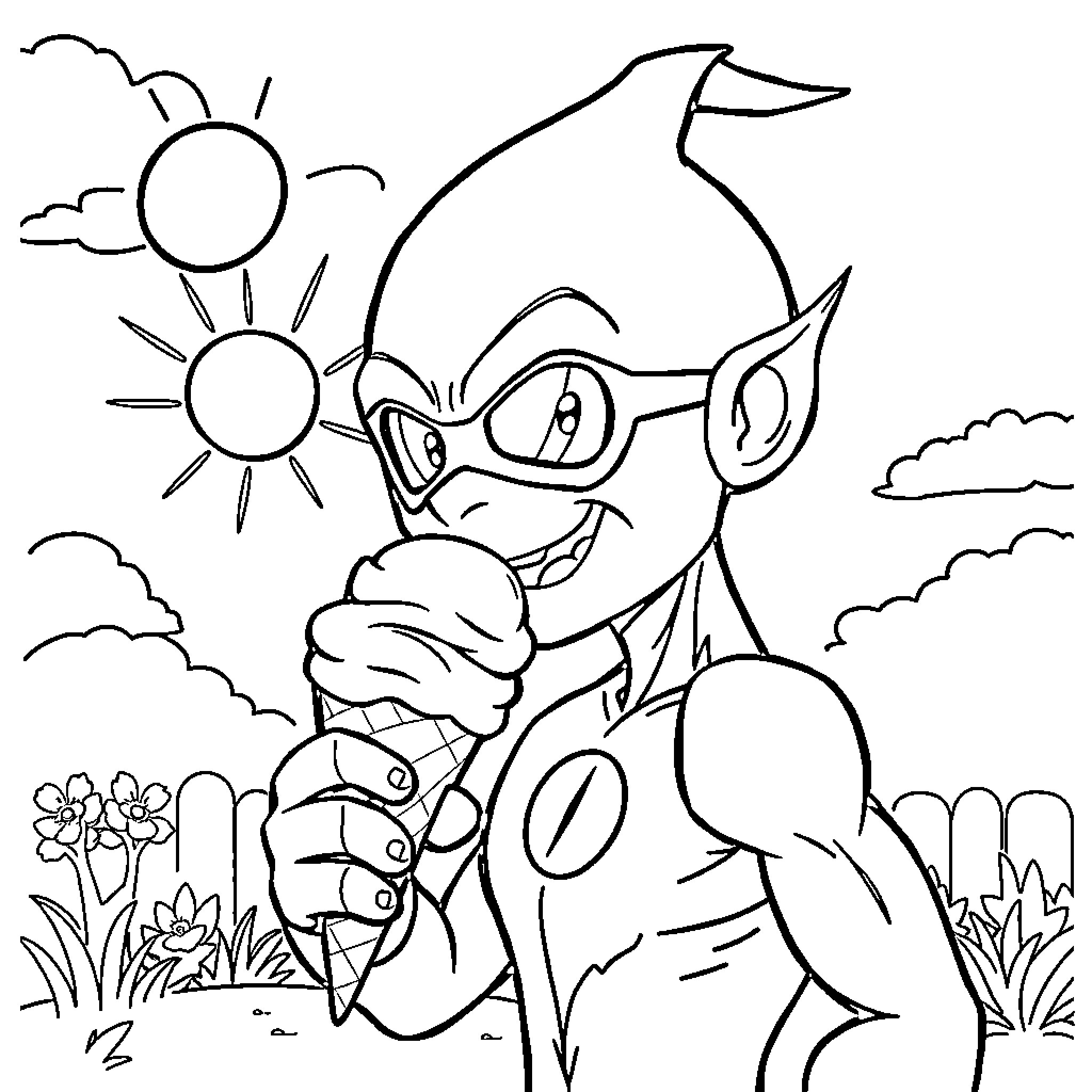 Flash Cartoon Character in Sunny Outdoor Scene Coloring Page (free black-and-white line drawing printable PDF for all, from beginners to advanced learners, including children, teens, adults, and seniors)