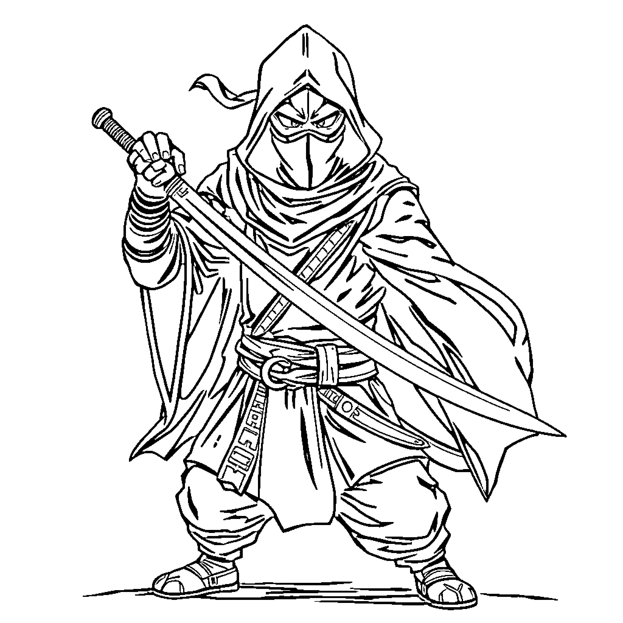 Ninja Knight in Fierce Battle Stance Coloring Page (free black-and-white line drawing printable PDF for all, from beginners to advanced learners, including children, teens, adults, and seniors)