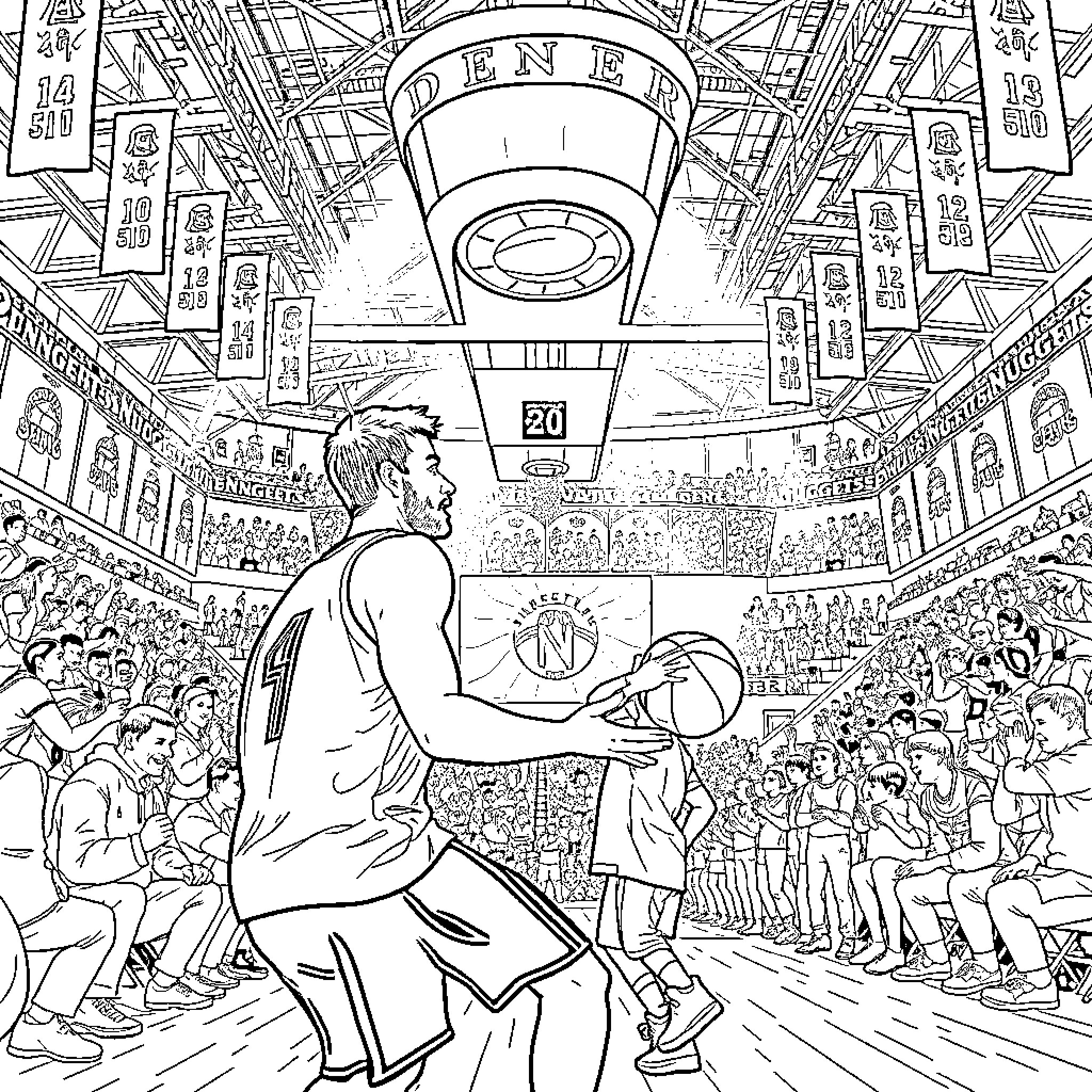 Nikola Jokic playing basketball in a packed arena Coloring Page (free black-and-white line drawing printable PDF for all, from beginners to advanced learners, including children, teens, adults, and seniors)
