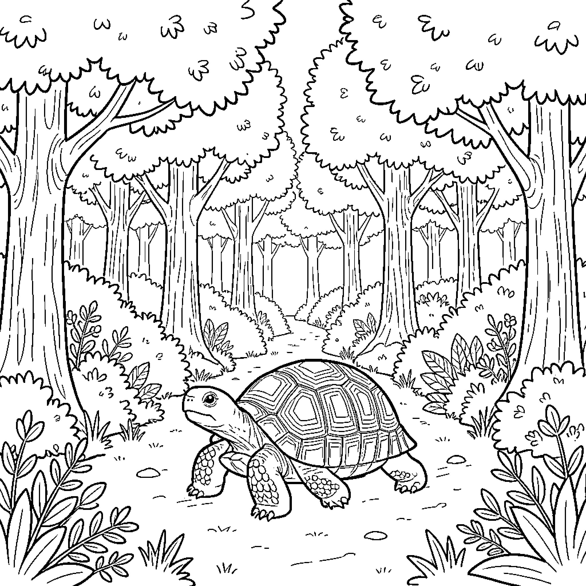 Turtle walking peacefully through a lush forest Coloring Page (free black-and-white line drawing printable PDF for all, from beginners to advanced learners, including children, teens, adults, and seniors)