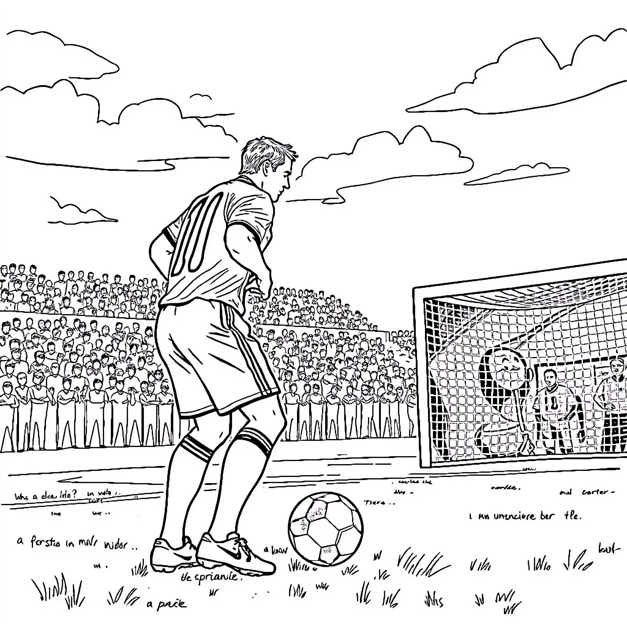 Futbolero's Triumphant Moment on the Pitch Coloring Page (free black-and-white line drawing printable PDF for all, from beginners to advanced learners, including children, teens, adults, and seniors)