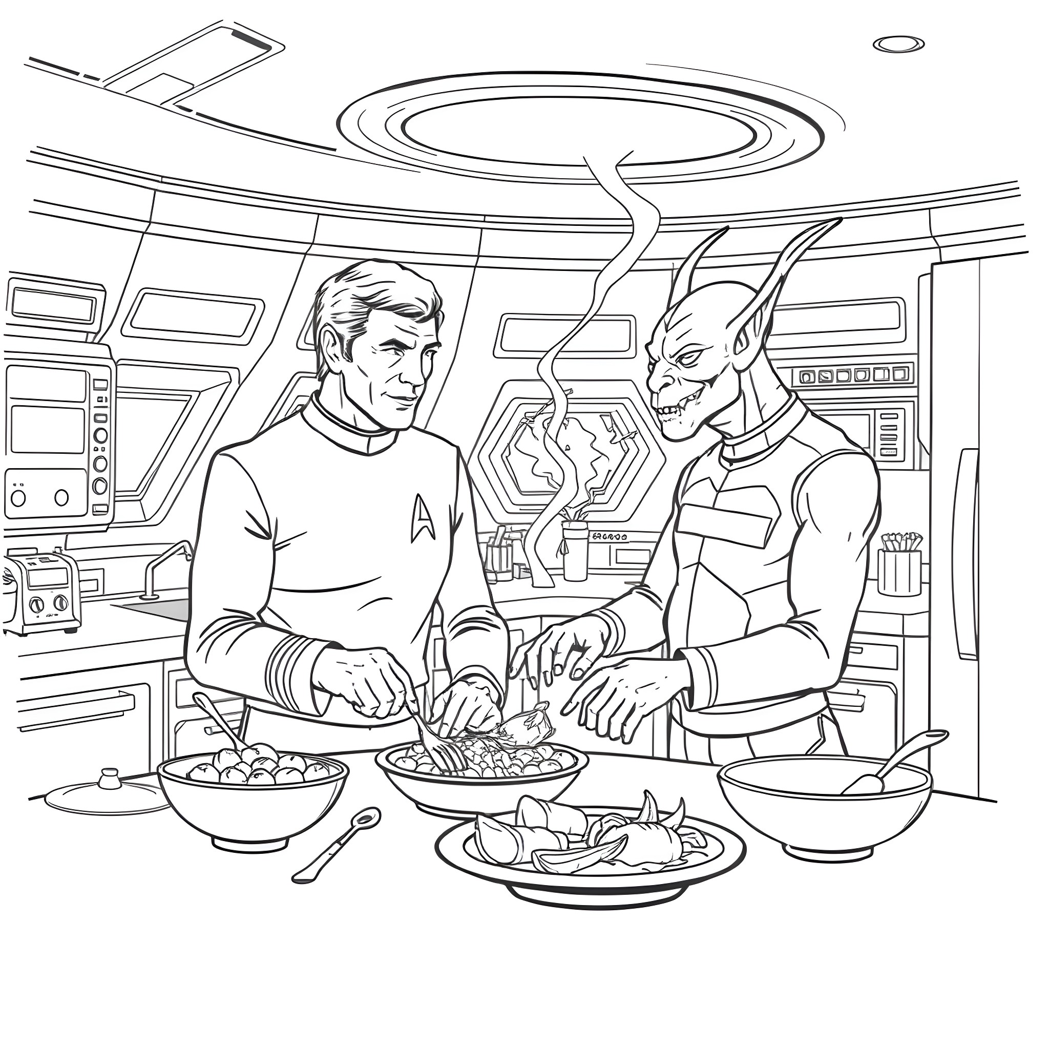 Kirk cooking in space with an alien companion Coloring Page (free black-and-white line drawing printable PDF for all, from beginners to advanced learners, including children, teens, adults, and seniors)