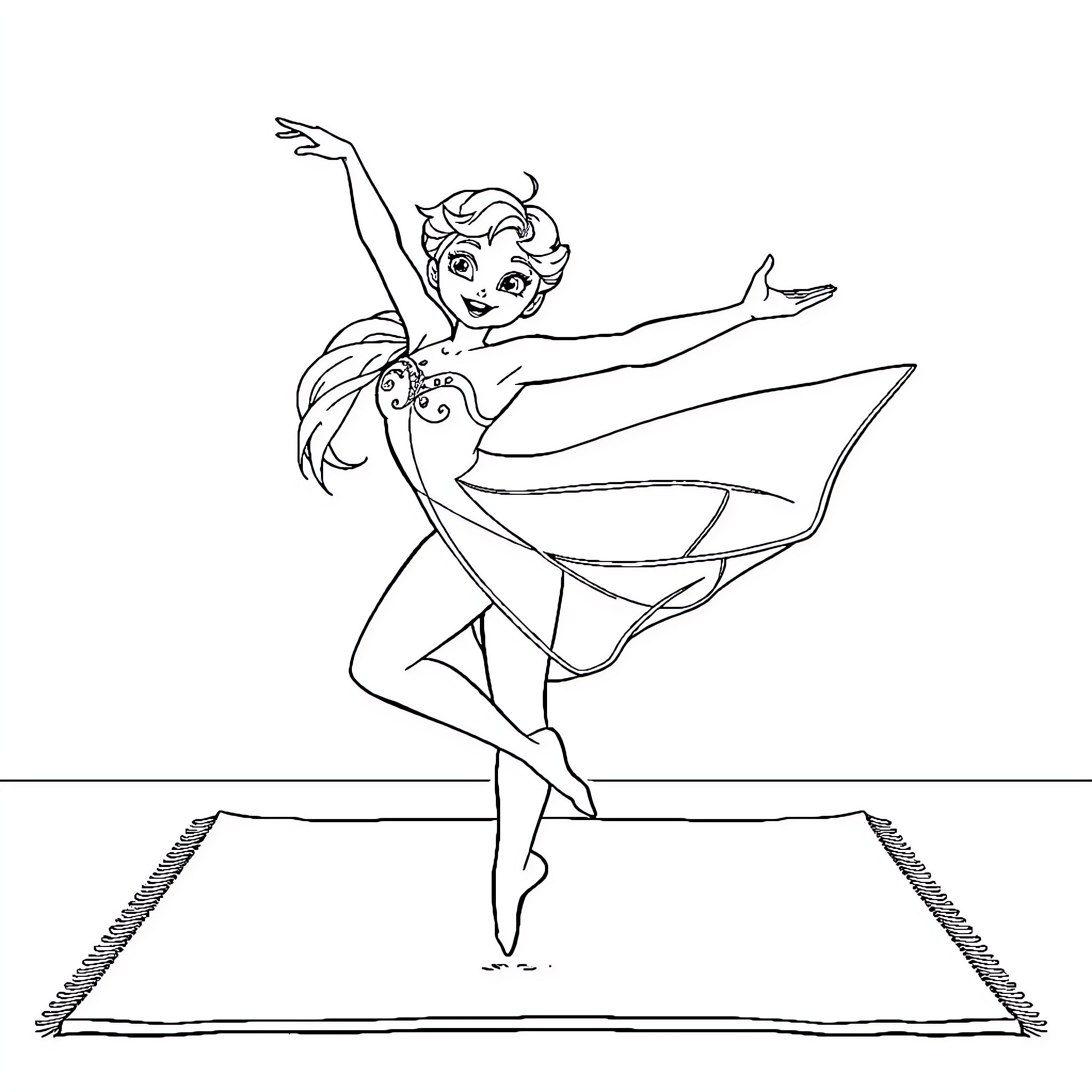 Elsa dancing gracefully on a stage Coloring Page (free black-and-white line drawing printable PDF for all, from beginners to advanced learners, including children, teens, adults, and seniors)