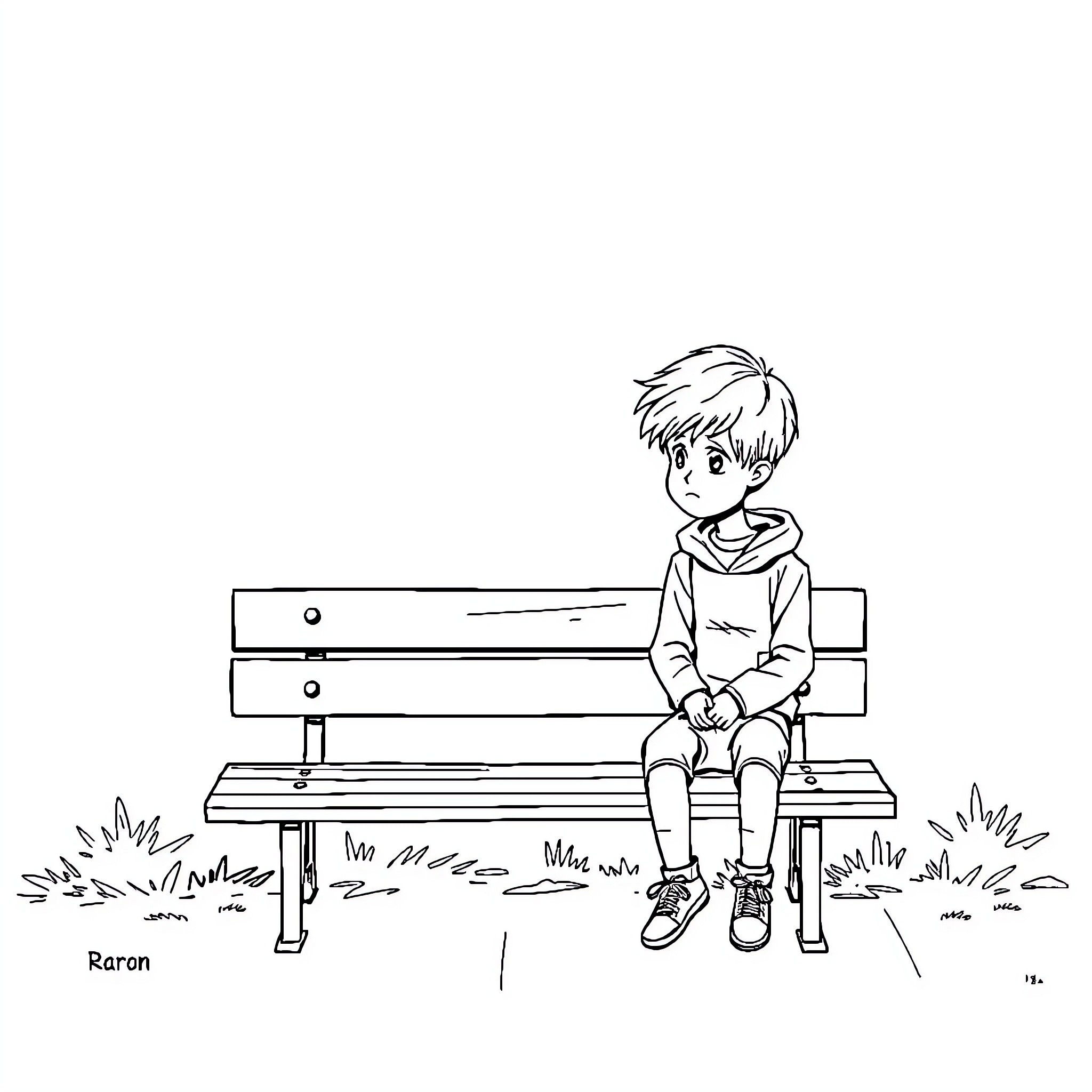 Teenager sitting alone on a park bench Coloring Page (free black-and-white line drawing printable PDF for all, from beginners to advanced learners, including children, teens, adults, and seniors)