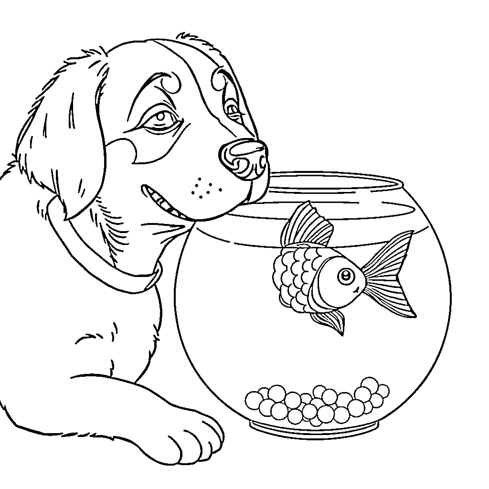 Dog Fascinated by Fish in Bowl Coloring Page (free black-and-white line drawing printable PDF for all, from beginners to advanced learners, including children, teens, adults, and seniors)