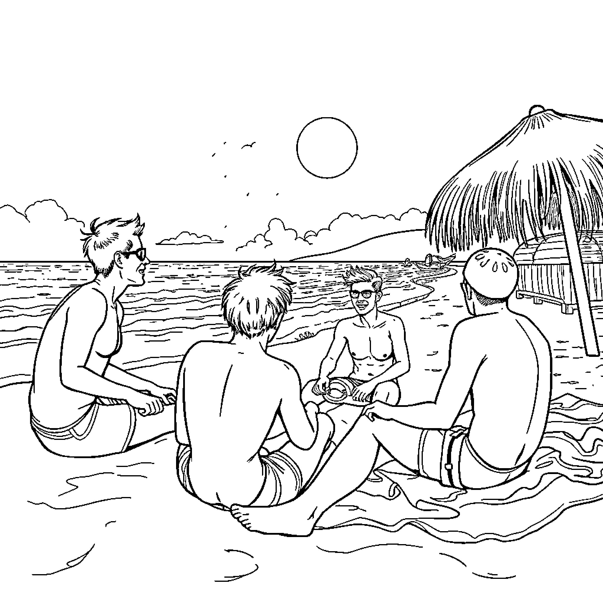 Guy relaxing with friends on tropical beach Coloring Page (free black-and-white line drawing printable PDF for all, from beginners to advanced learners, including children, teens, adults, and seniors)