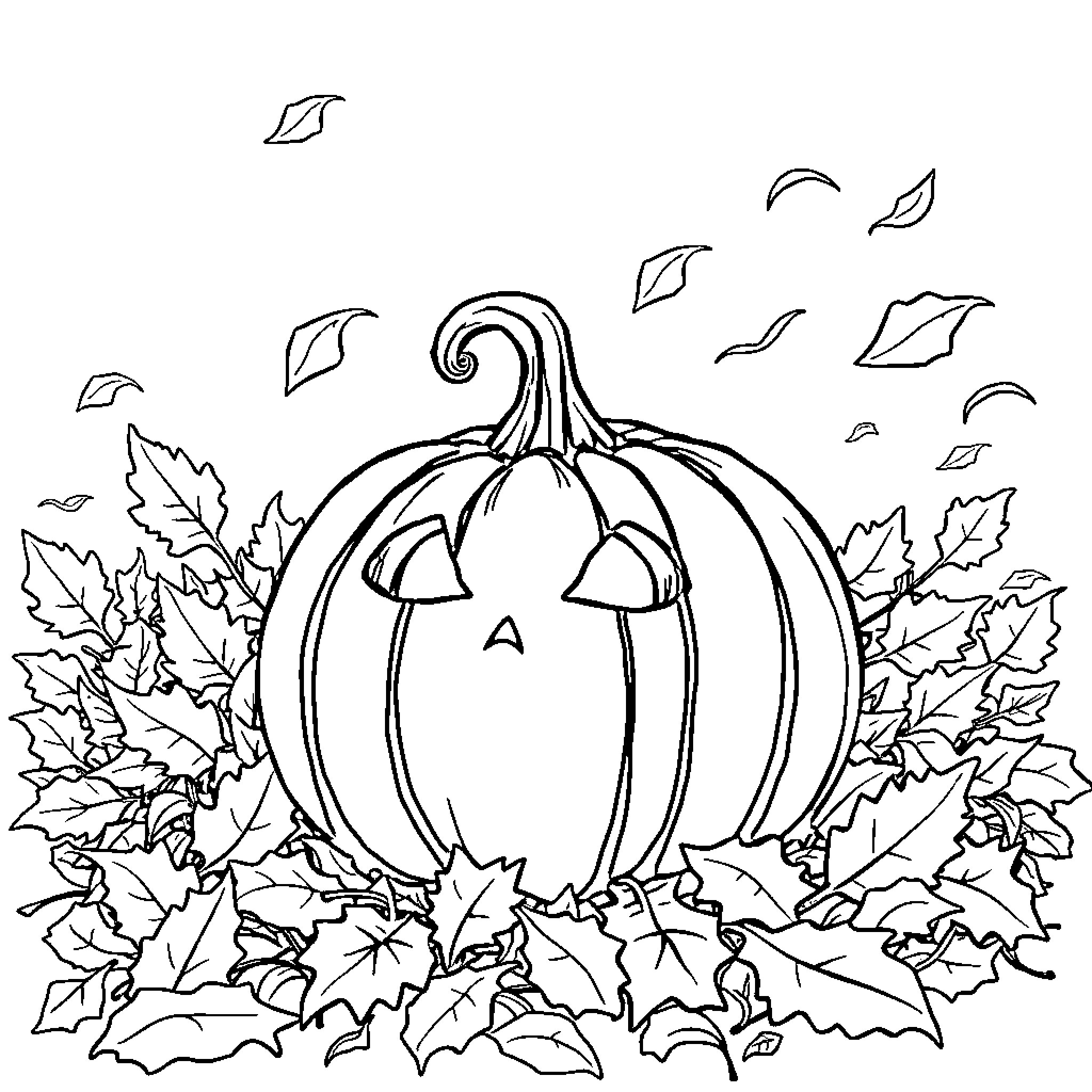 Pumpkin surrounded by autumn leaves and falling leaves Coloring Page (free black-and-white line drawing printable PDF for all, from beginners to advanced learners, including children, teens, adults, and seniors)