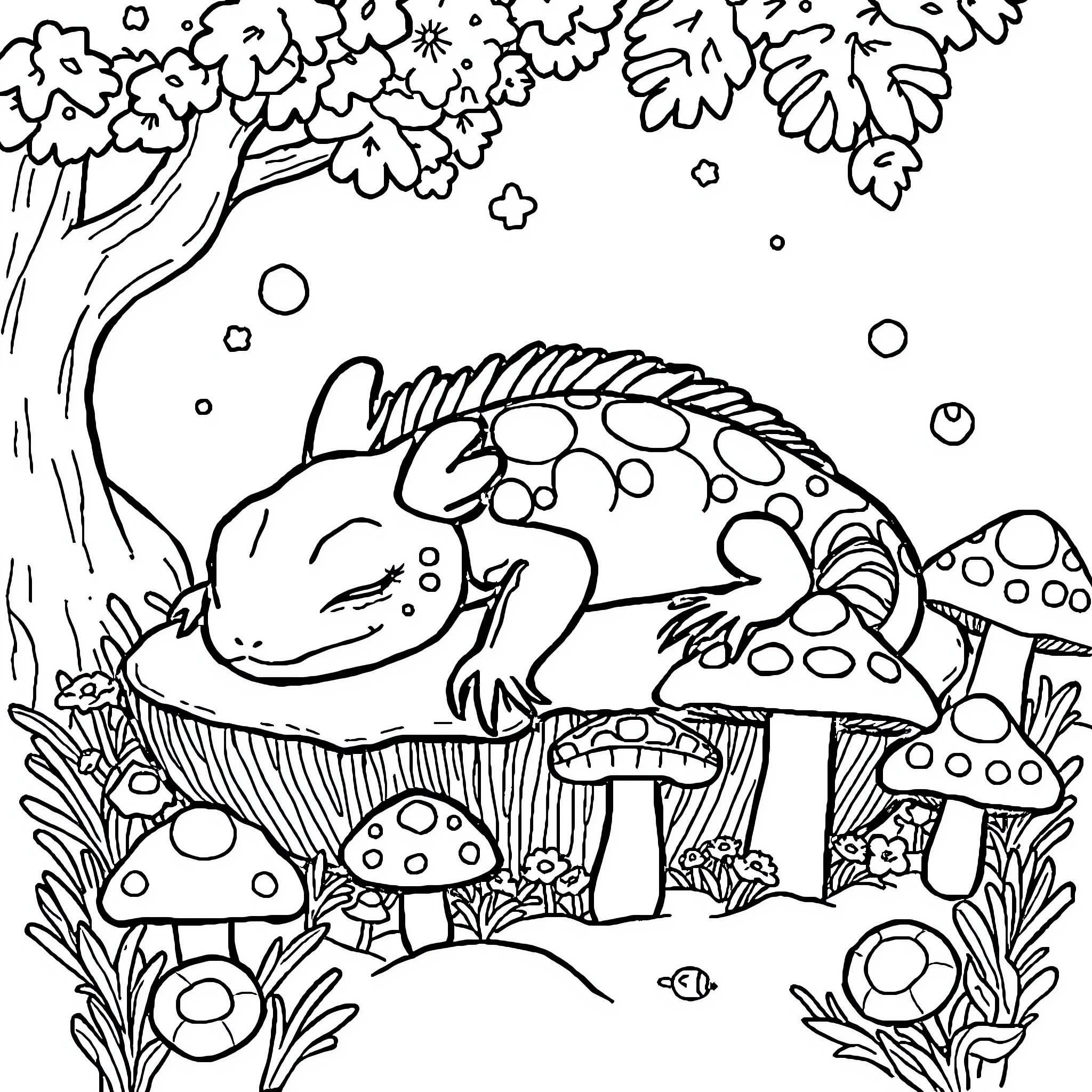 Axolotl exploring a whimsical mushroom forest Coloring Page (free black-and-white line drawing printable PDF for all, from beginners to advanced learners, including children, teens, adults, and seniors)