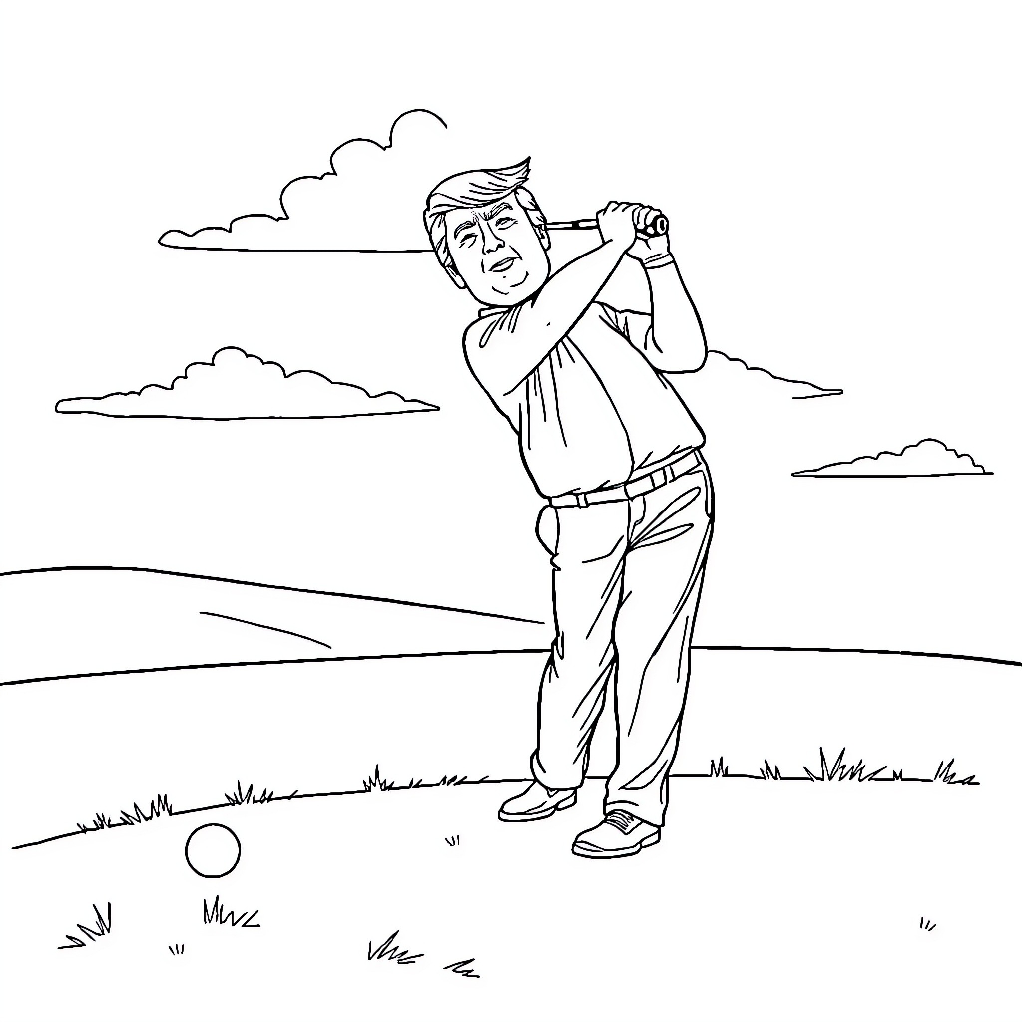 Trump playing golf on the course Coloring Page (free black-and-white line drawing printable PDF for all, from beginners to advanced learners, including children, teens, adults, and seniors)