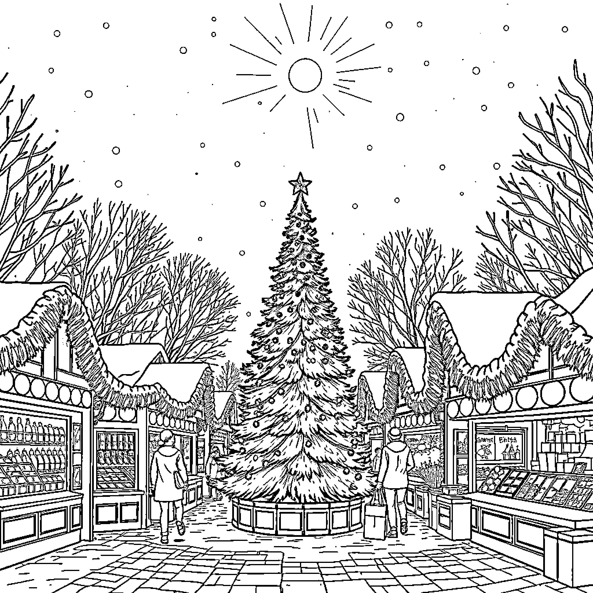 Christmas Tree in Festive Winter Marketplace Coloring Page (free black-and-white line drawing printable PDF for all, from beginners to advanced learners, including children, teens, adults, and seniors)