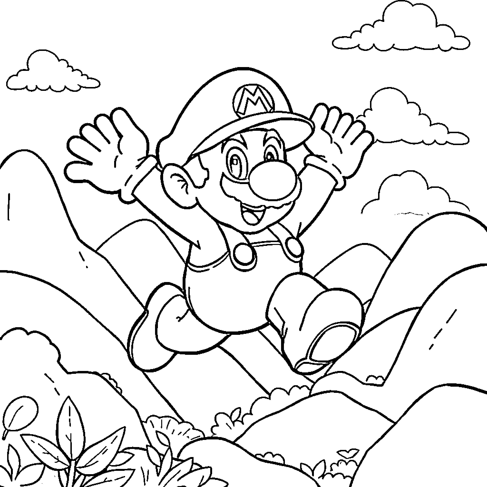 Mario's Adventurous Leap through the Wilderness Coloring Page (free black-and-white line drawing printable PDF for all, from beginners to advanced learners, including children, teens, adults, and seniors)