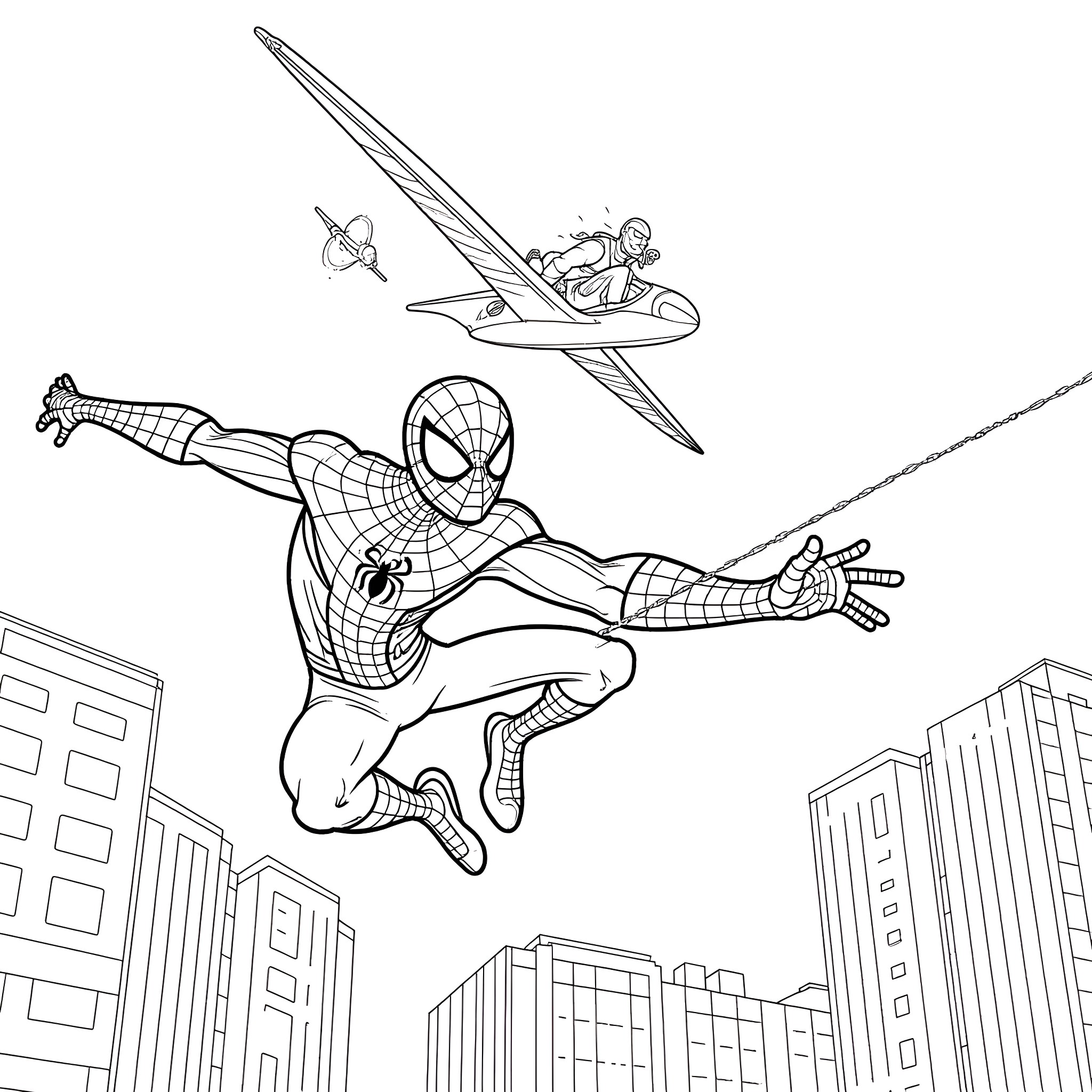 Spiderman swinging through the city skyline Coloring Page (free black-and-white line drawing printable PDF for all, from beginners to advanced learners, including children, teens, adults, and seniors)