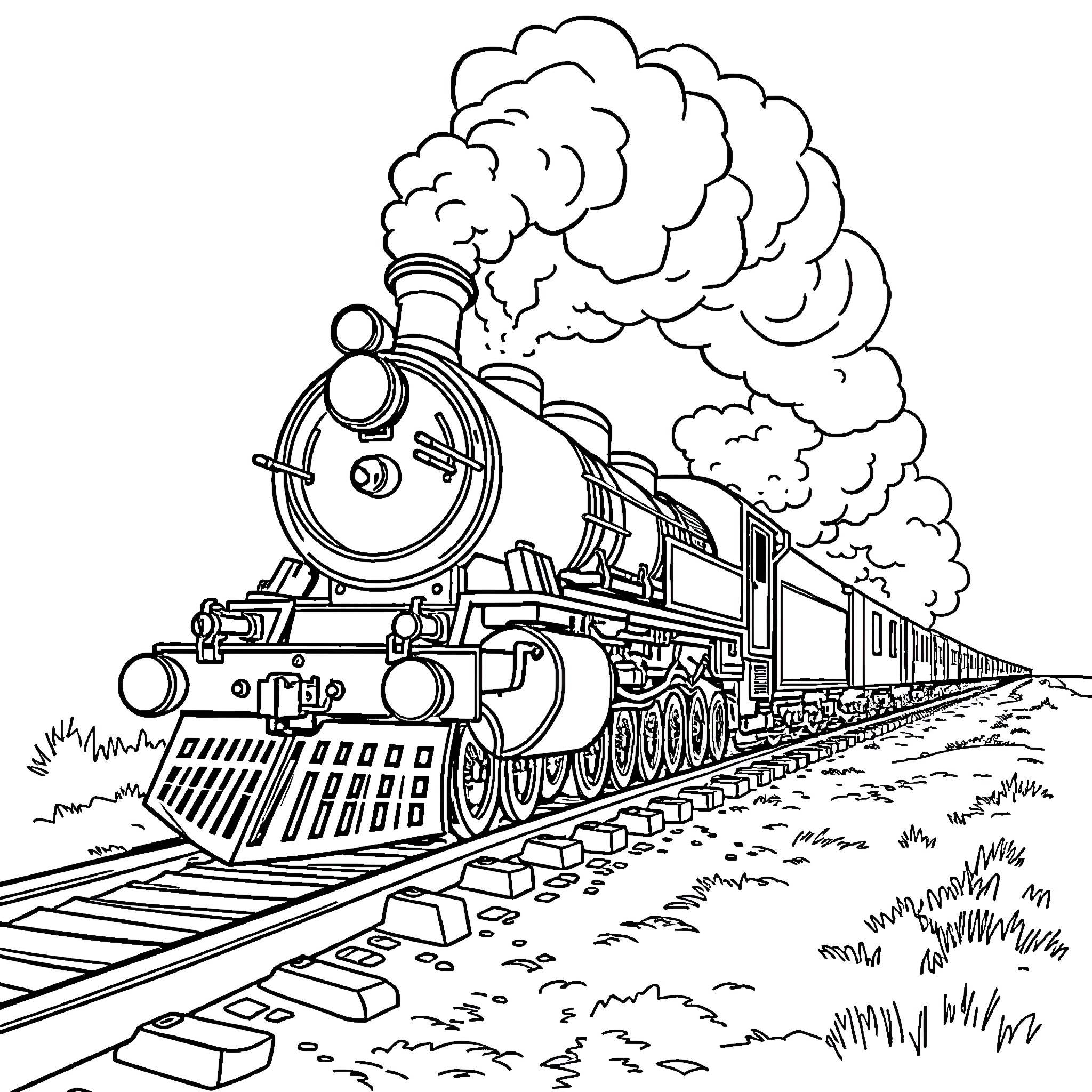 Steam Train Speeding Down the Tracks Coloring Page (free black-and-white line drawing printable PDF for all, from beginners to advanced learners, including children, teens, adults, and seniors)