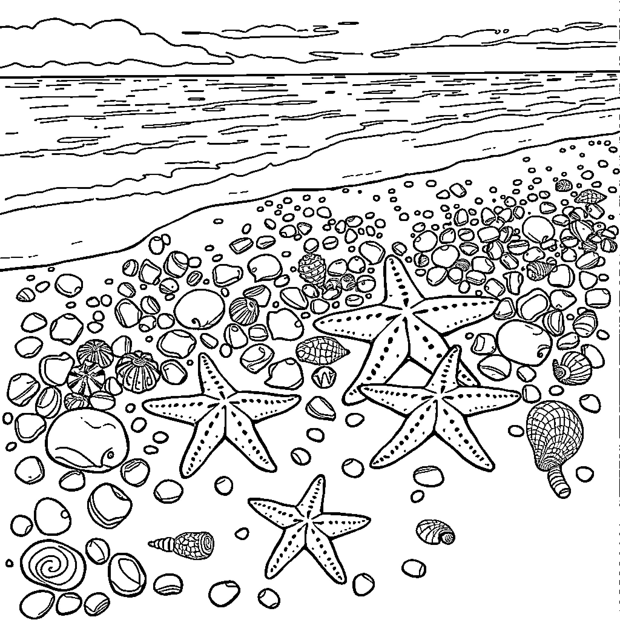 Beach scene with starfish and seashells Coloring Page (free black-and-white line drawing printable PDF for all, from beginners to advanced learners, including children, teens, adults, and seniors)