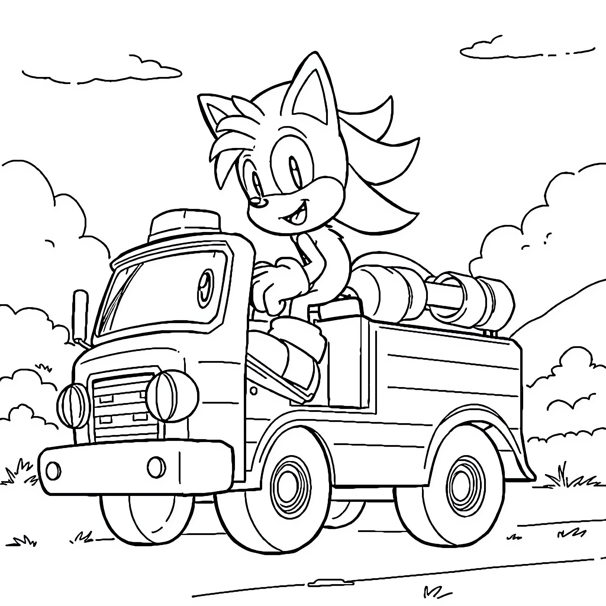 Tails riding a truck in the countryside Coloring Page (free black-and-white line drawing printable PDF for all, from beginners to advanced learners, including children, teens, adults, and seniors)