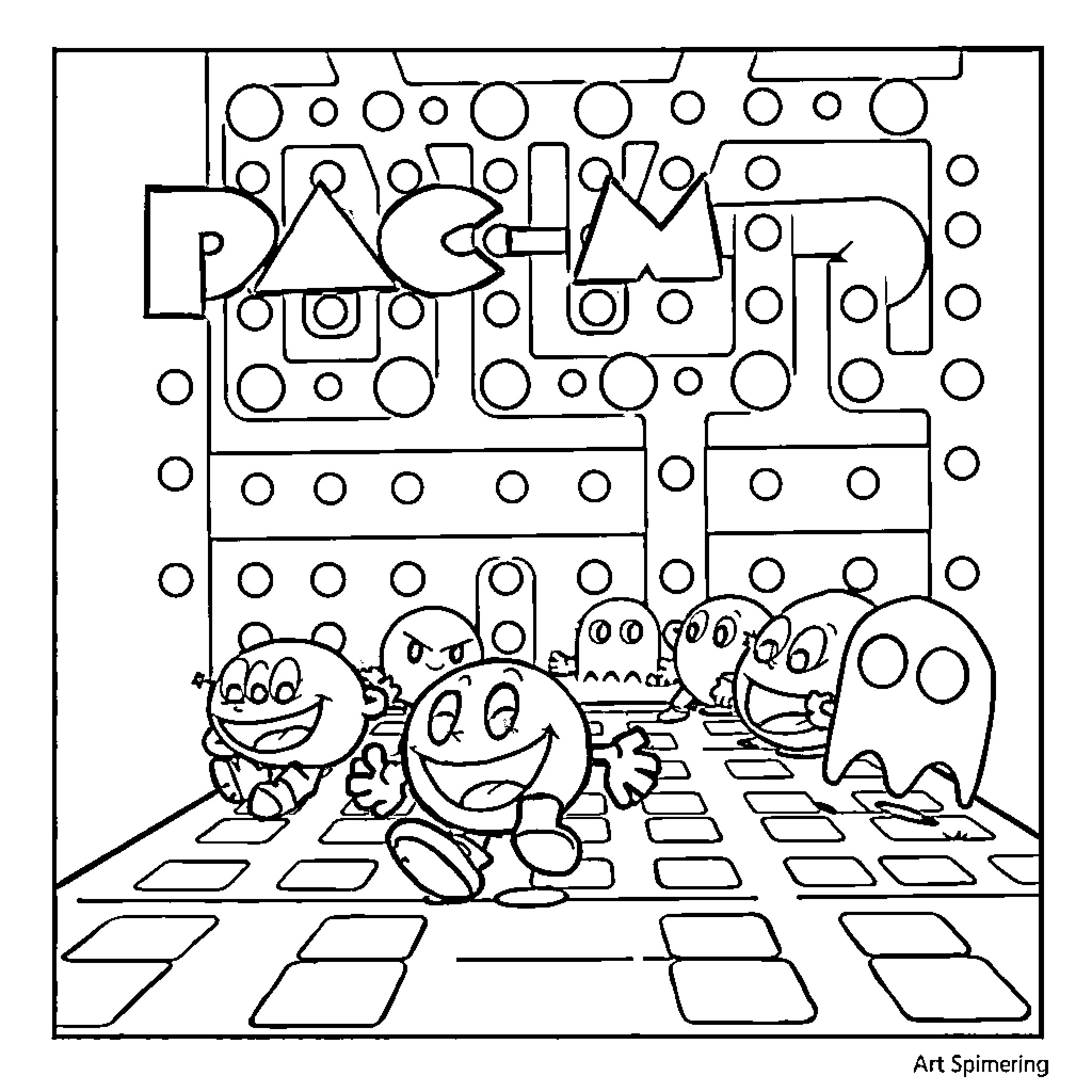 Pac-Man characters in a game-themed scene Coloring Page (free black-and-white line drawing printable PDF for all, from beginners to advanced learners, including children, teens, adults, and seniors)