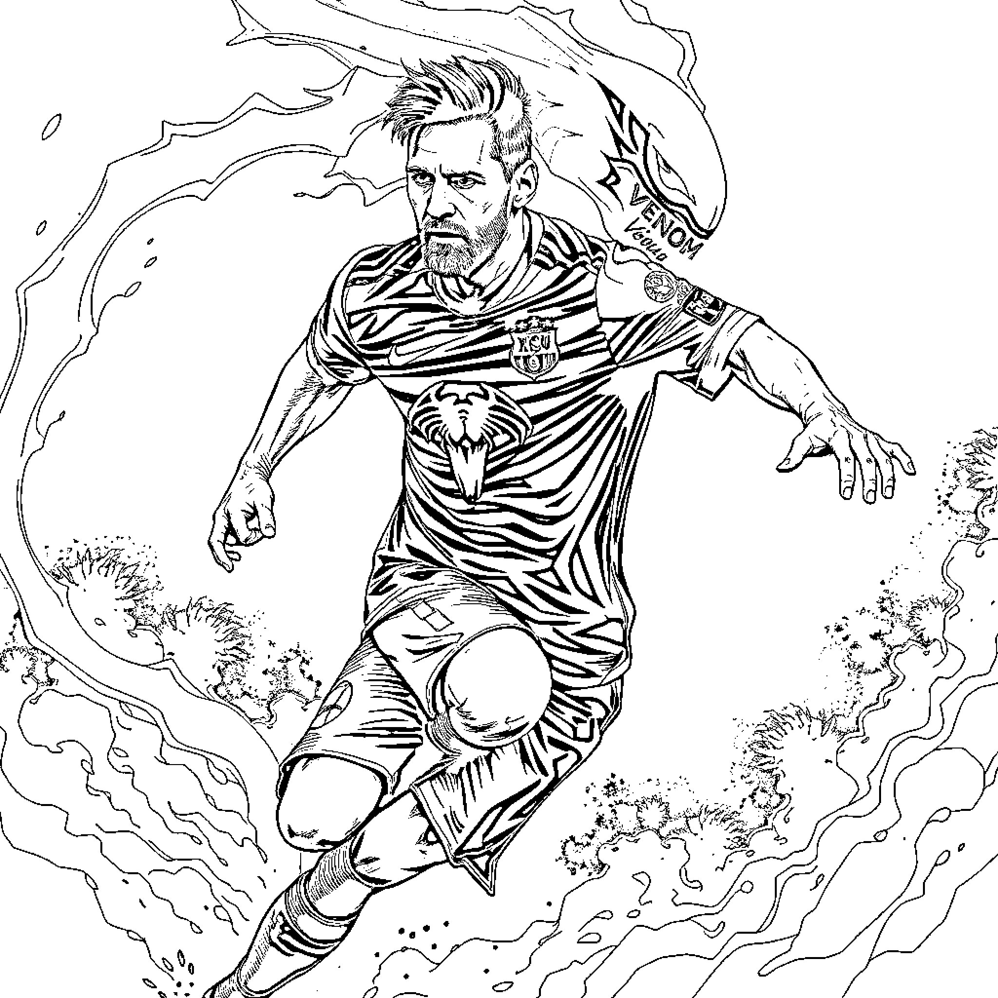 Messi's Heroic Football Stance Coloring Page (free black-and-white line drawing printable PDF for all, from beginners to advanced learners, including children, teens, adults, and seniors)