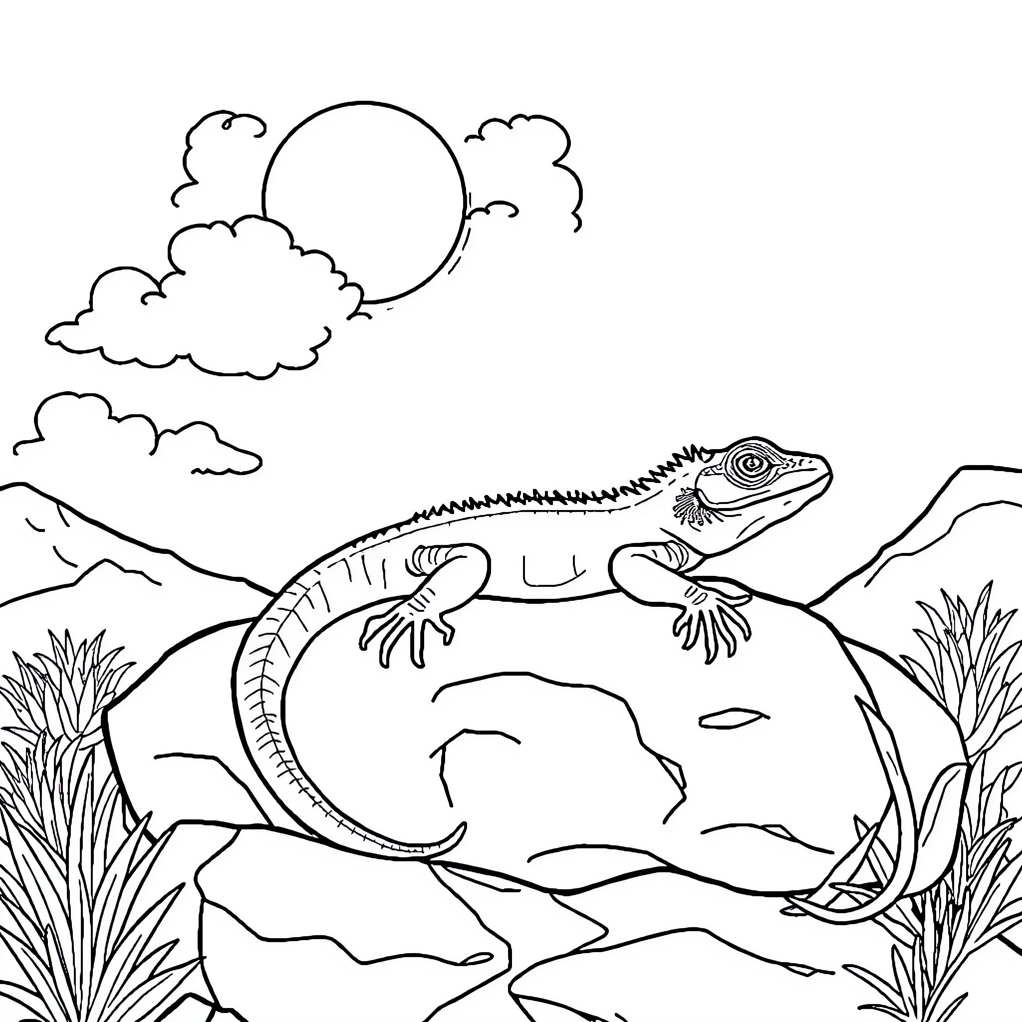 Lizard resting on a rock in the wilderness Coloring Page (free black-and-white line drawing printable PDF for all, from beginners to advanced learners, including children, teens, adults, and seniors)