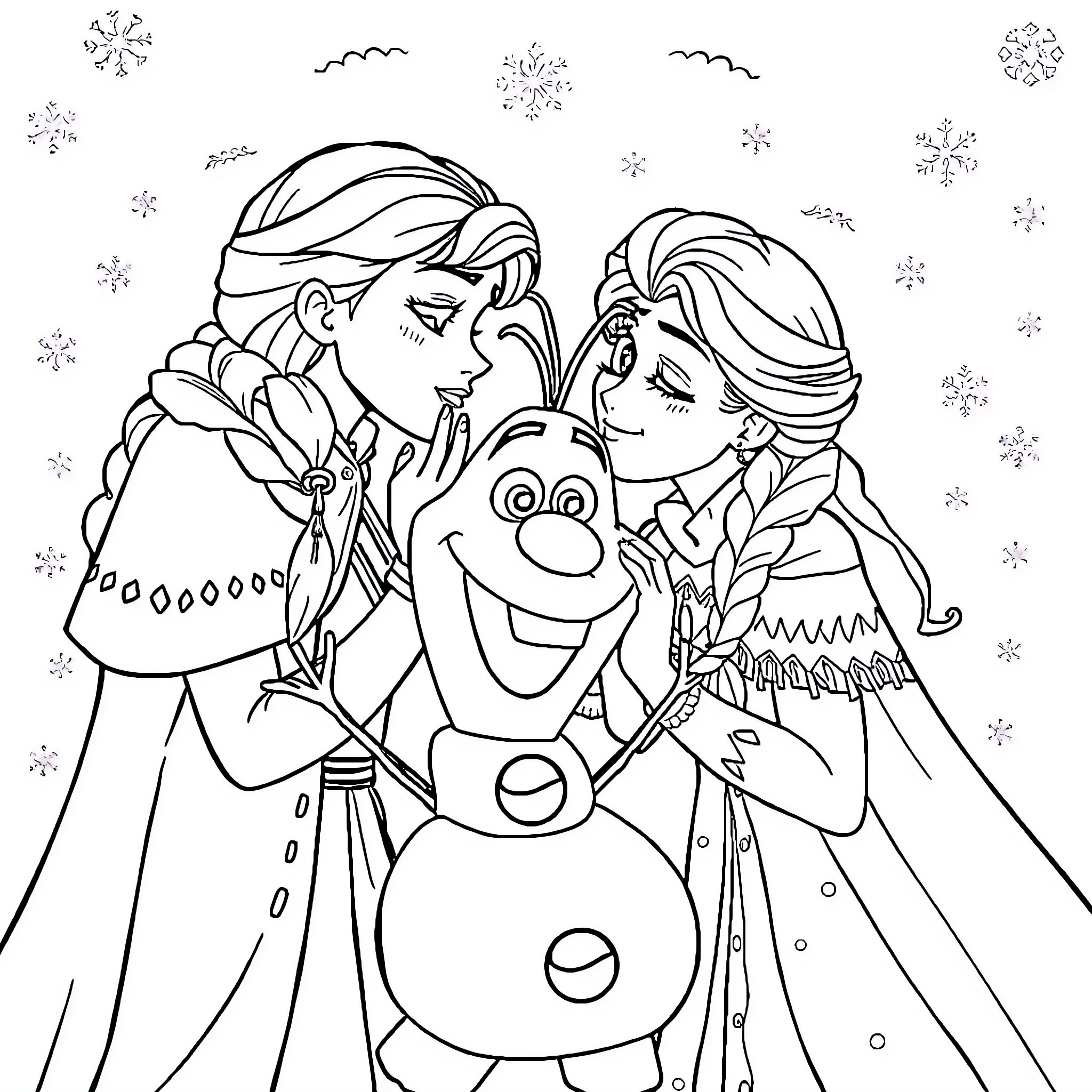 Anna and Elsa's Snowy Adventure with Olaf Coloring Page (free black-and-white line drawing printable PDF for all, from beginners to advanced learners, including children, teens, adults, and seniors)