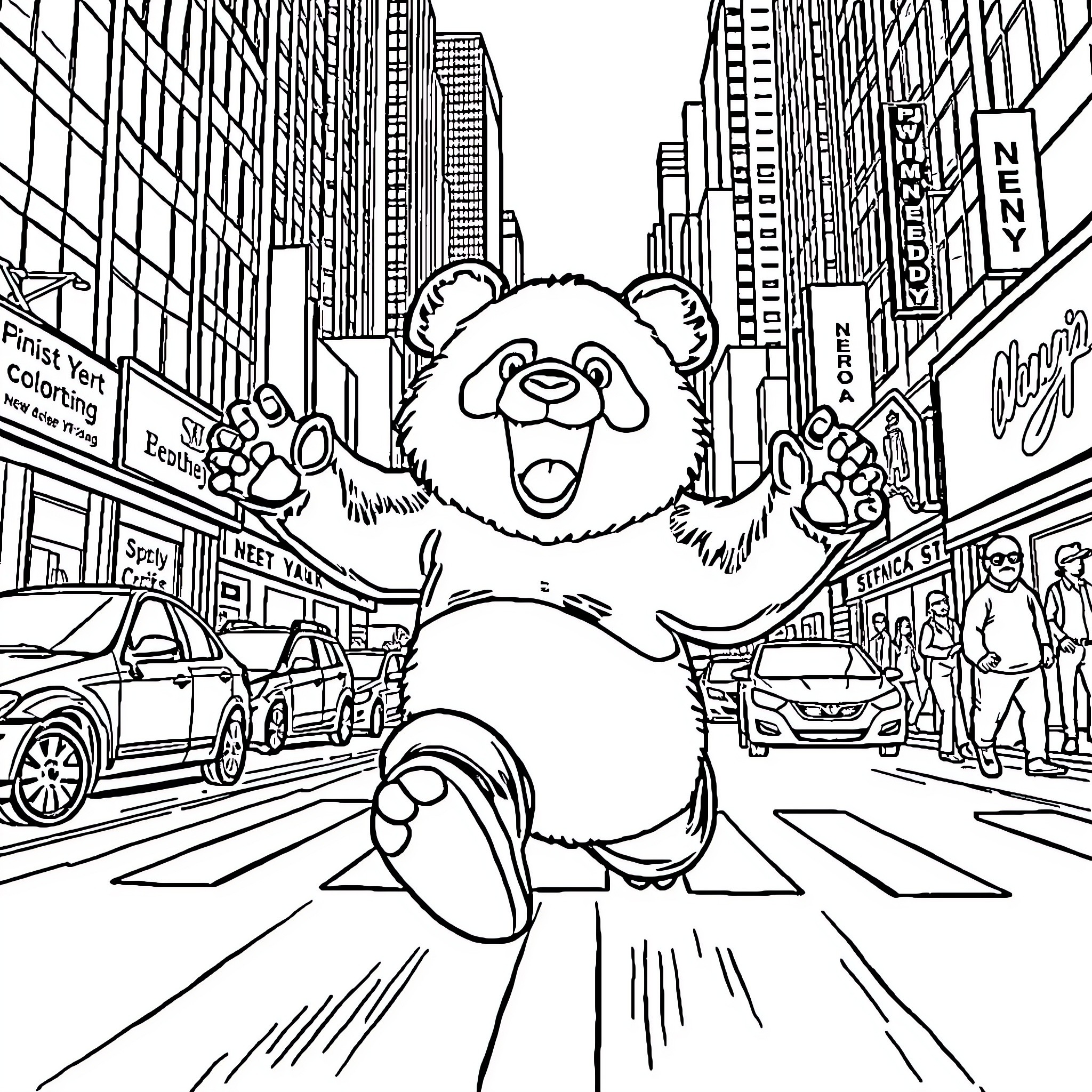 Panda excitedly exploring the vibrant city streets Coloring Page (free black-and-white line drawing printable PDF for all, from beginners to advanced learners, including children, teens, adults, and seniors)