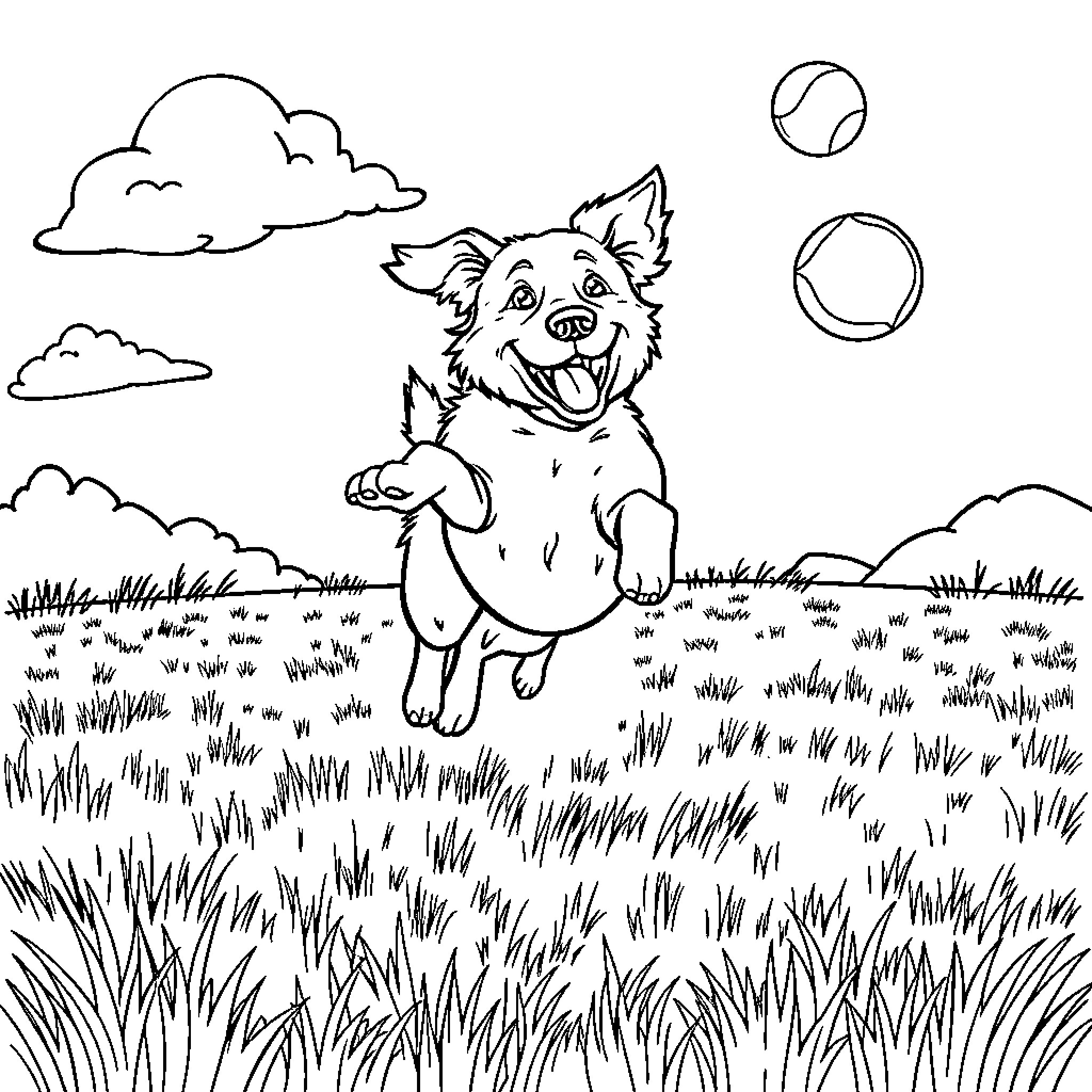 Dog Playing Happily in the Grassy Field Coloring Page (free black-and-white line drawing printable PDF for all, from beginners to advanced learners, including children, teens, adults, and seniors)