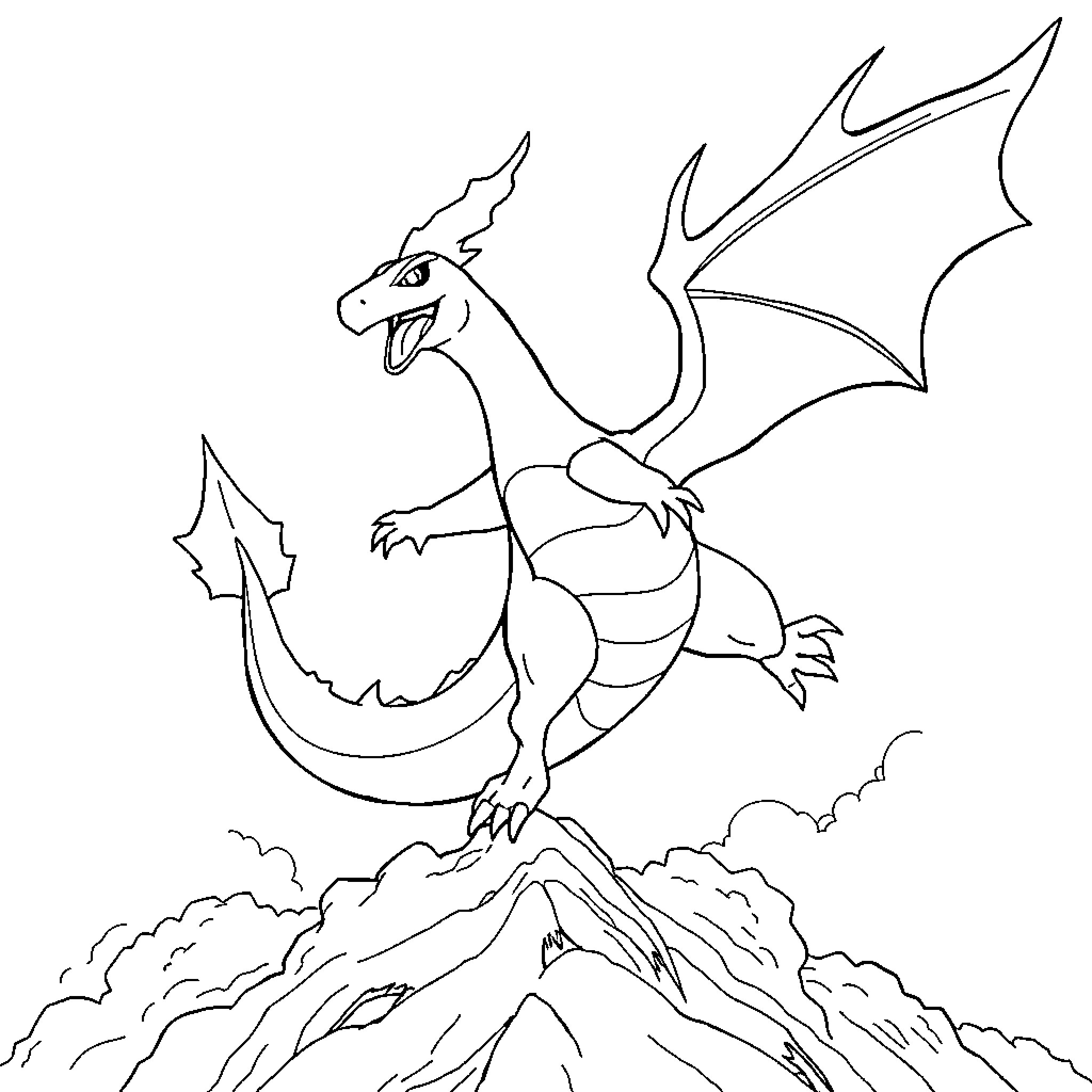 Charizard soaring above the clouds Coloring Page (free black-and-white line drawing printable PDF for all, from beginners to advanced learners, including children, teens, adults, and seniors)