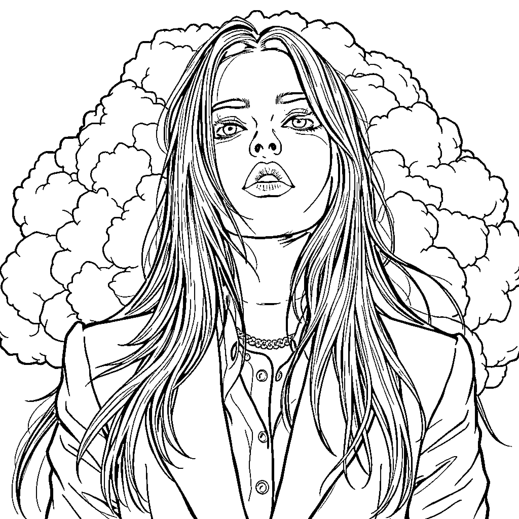 Billie Eilish portrayed with intricate line work Coloring Page (free black-and-white line drawing printable PDF for all, from beginners to advanced learners, including children, teens, adults, and seniors)
