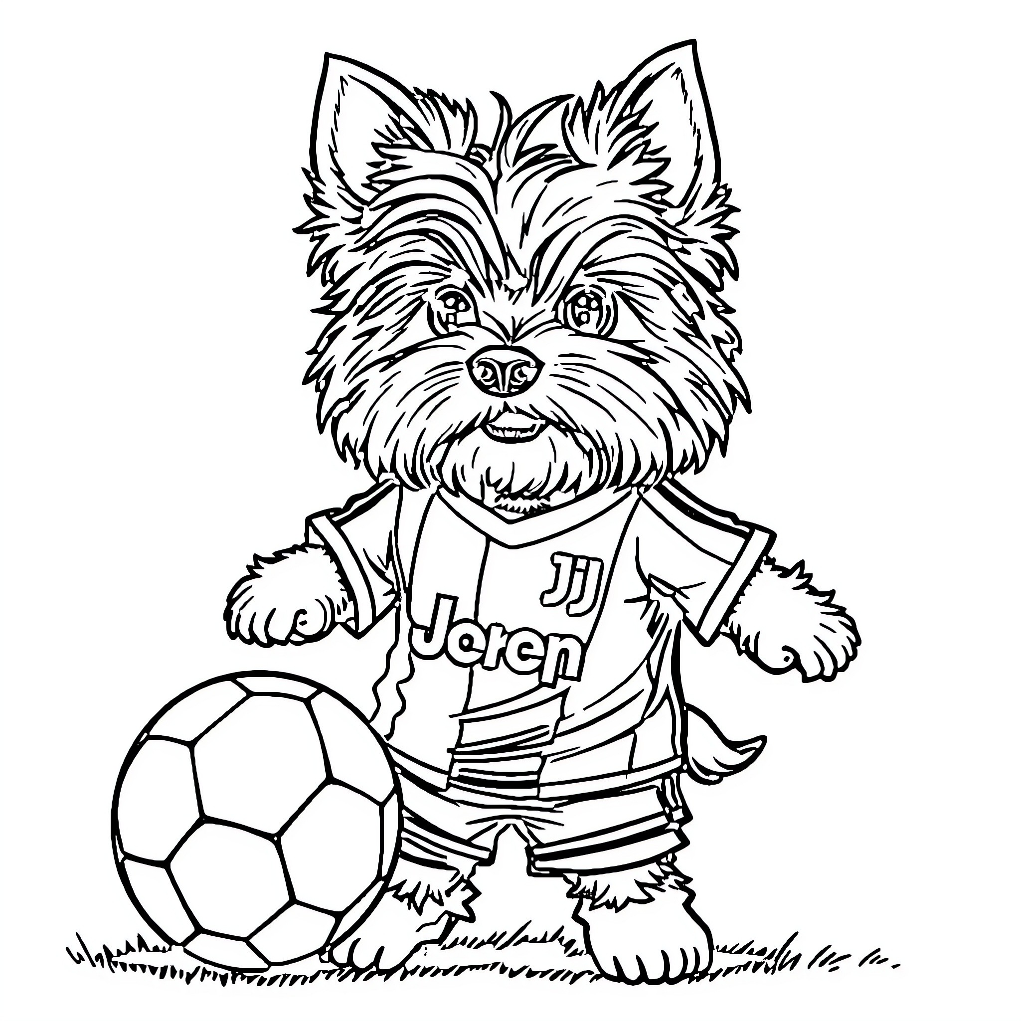 Yorkshire Terrier Playing with Soccer Ball Coloring Page (free black-and-white line drawing printable PDF for all, from beginners to advanced learners, including children, teens, adults, and seniors)