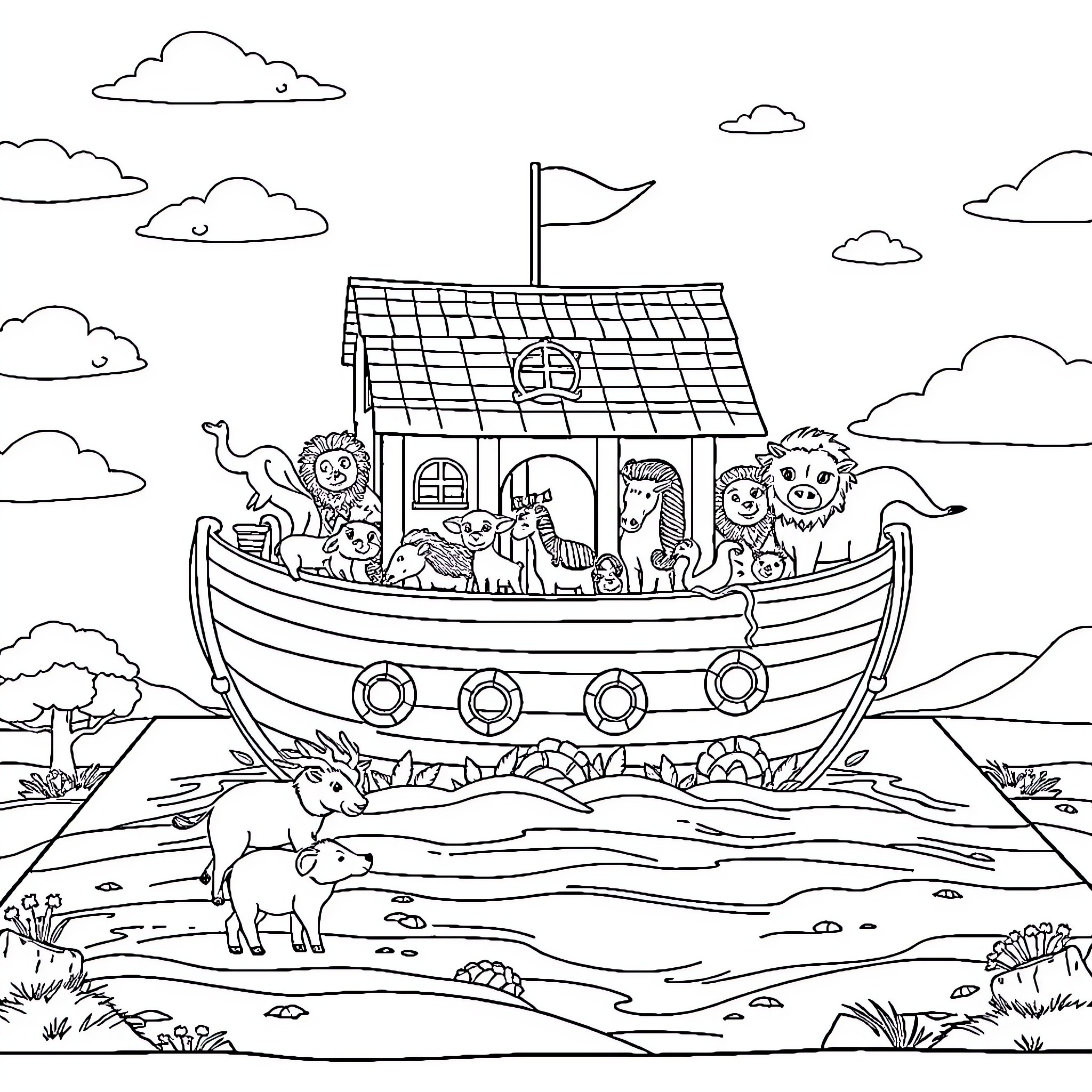 Noah's Ark with diverse animals sailing on the waters Coloring Page (free black-and-white line drawing printable PDF for all, from beginners to advanced learners, including children, teens, adults, and seniors)