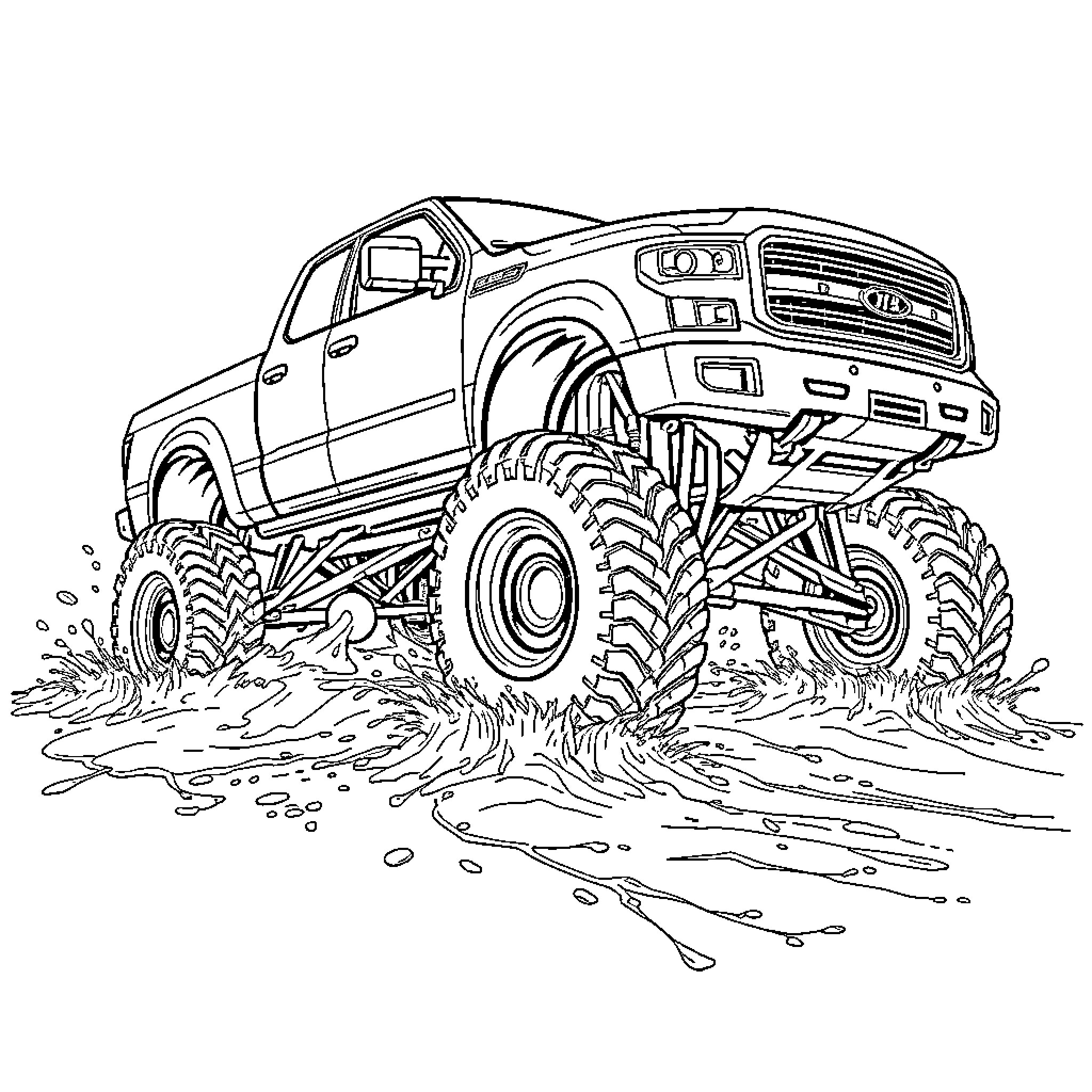 Truck Off-roading Through Muddy Terrain Coloring Page (free black-and-white line drawing printable PDF for all, from beginners to advanced learners, including children, teens, adults, and seniors)