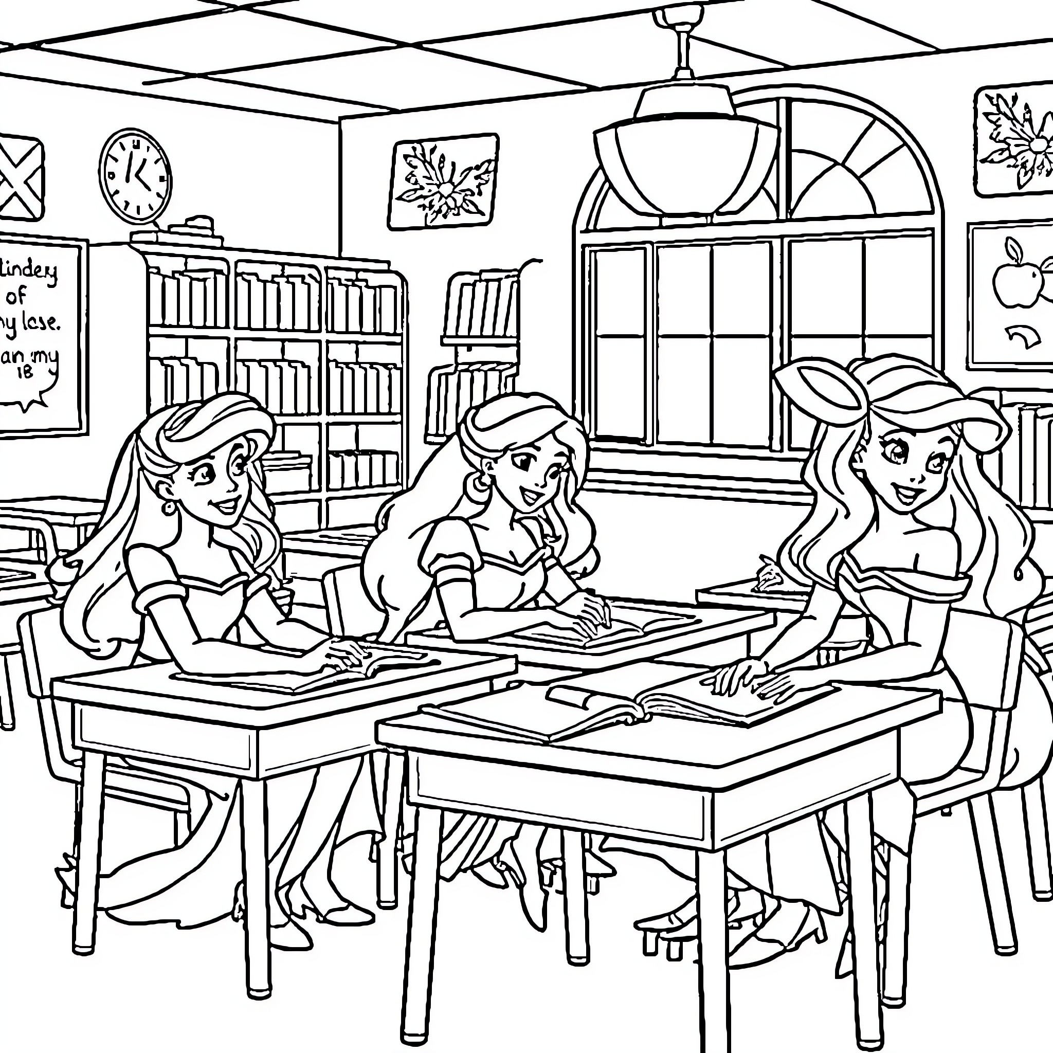Princess Students Studying Diligently in the Library Coloring Page (free black-and-white line drawing printable PDF for all, from beginners to advanced learners, including children, teens, adults, and seniors)