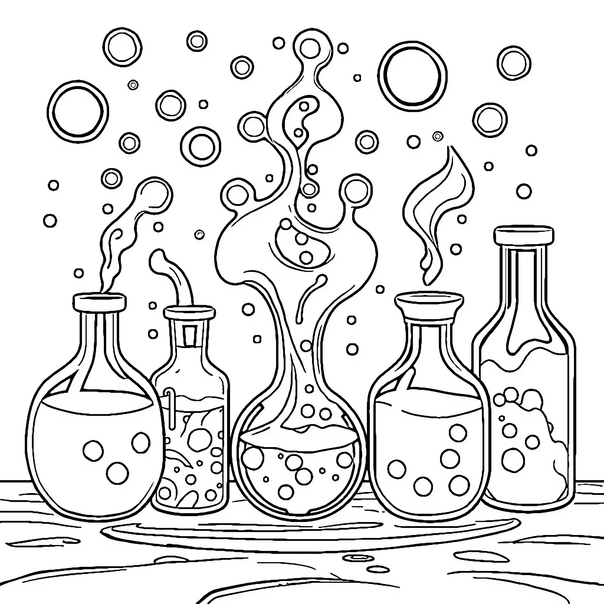 Science Experiment with Laboratory Glassware Coloring Page (free black-and-white line drawing printable PDF for all, from beginners to advanced learners, including children, teens, adults, and seniors)
