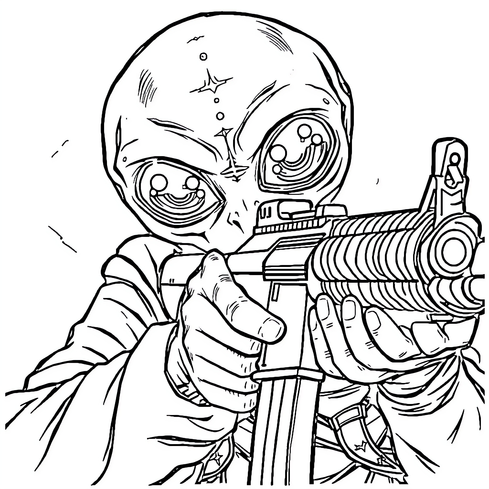 Alien operating high-tech weapon Coloring Page (free black-and-white line drawing printable PDF for all, from beginners to advanced learners, including children, teens, adults, and seniors)