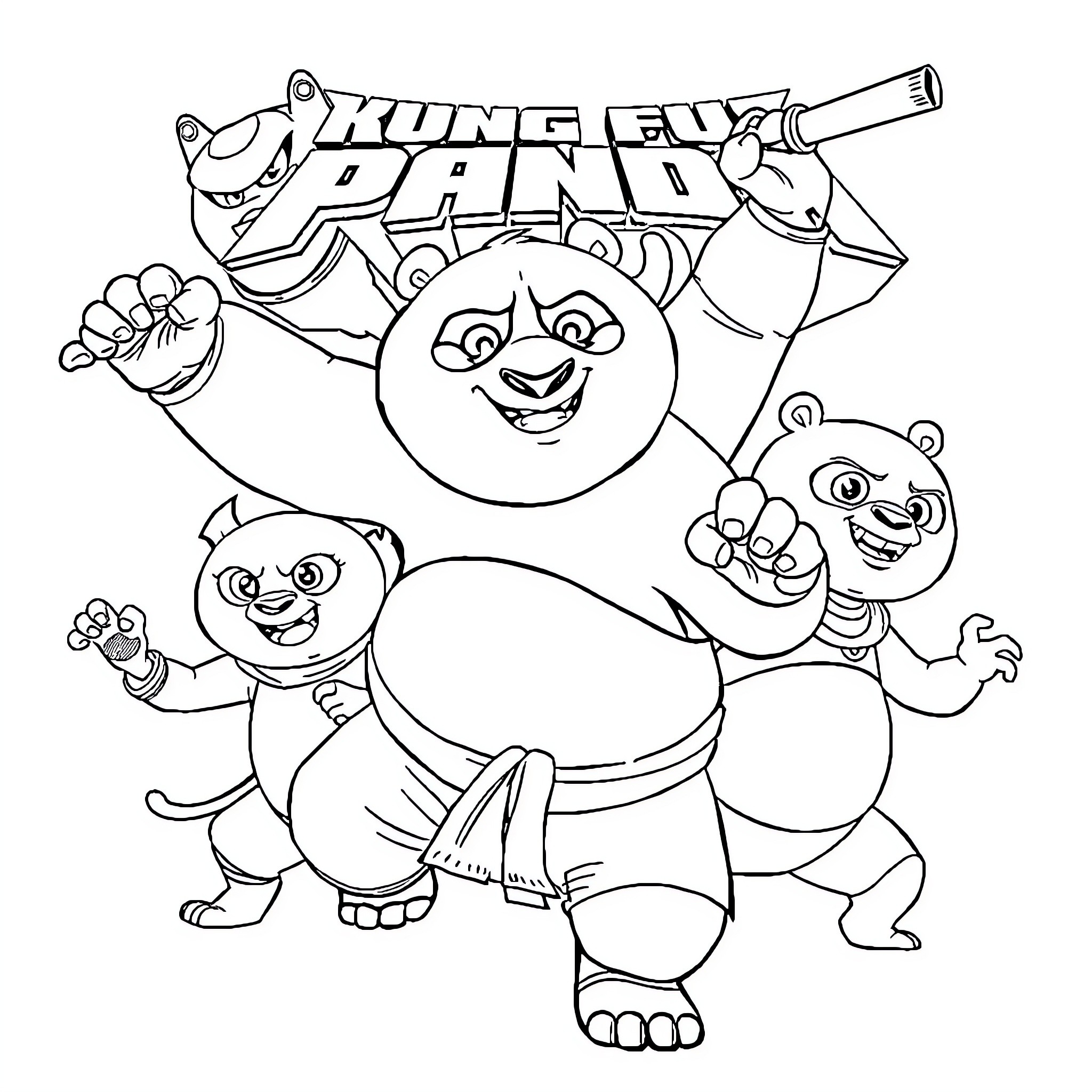 Kung Fu Panda characters in fighting poses Coloring Page (free black-and-white line drawing printable PDF for all, from beginners to advanced learners, including children, teens, adults, and seniors)