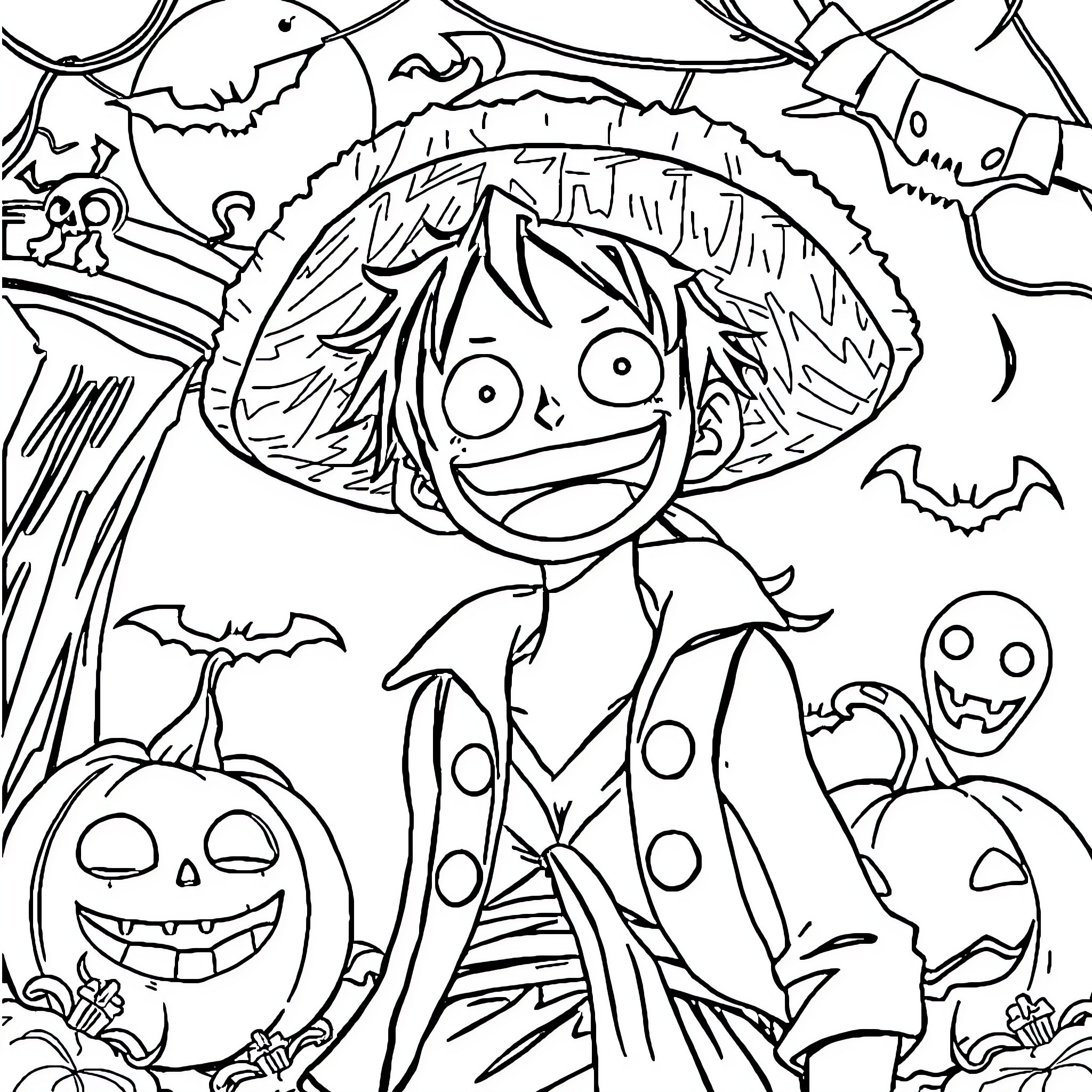 Luffy's Spooky Halloween Adventure Coloring Page (free black-and-white line drawing printable PDF for all, from beginners to advanced learners, including children, teens, adults, and seniors)