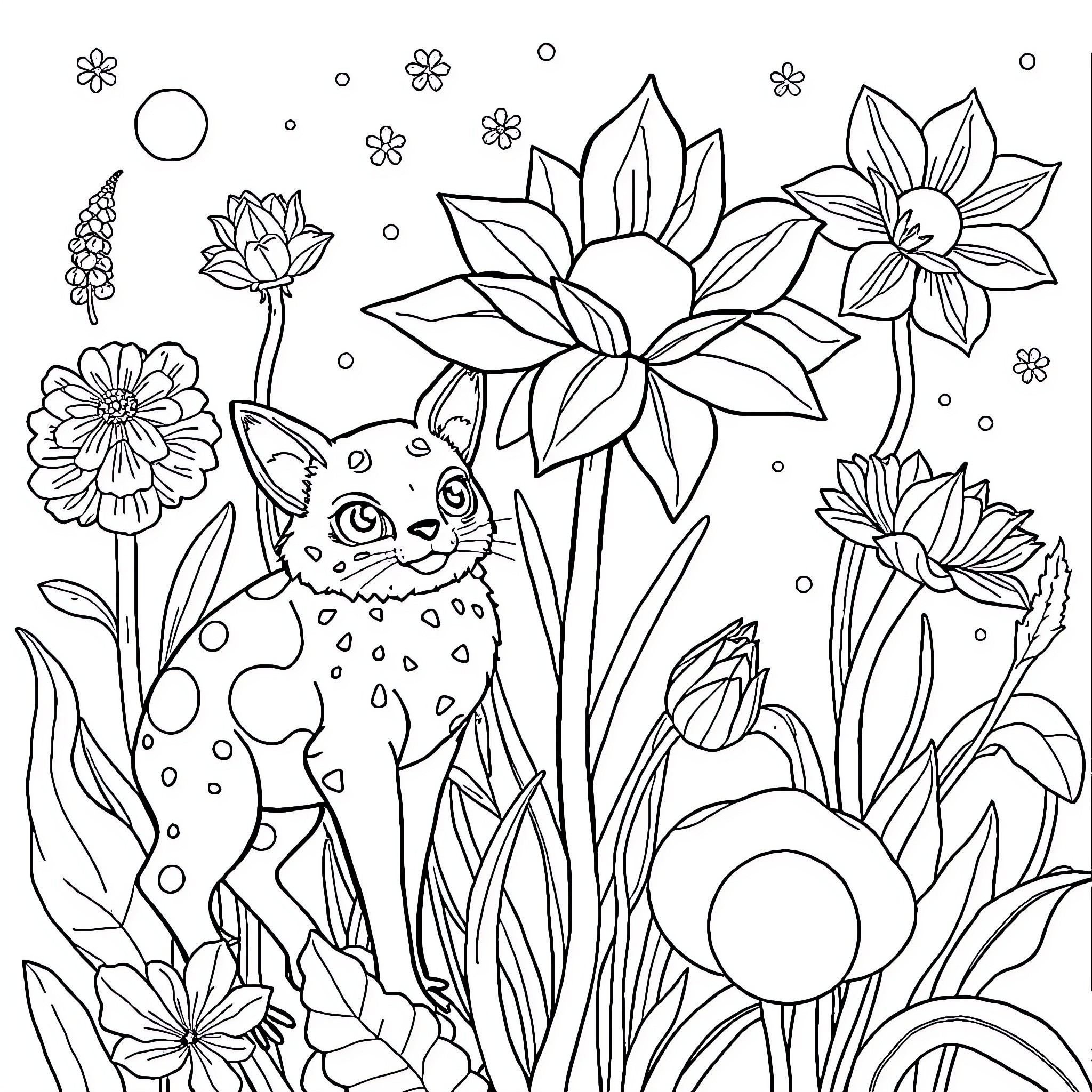 Cell with Flowers and Spotted Cat Coloring Page (free black-and-white line drawing printable PDF for all, from beginners to advanced learners, including children, teens, adults, and seniors)