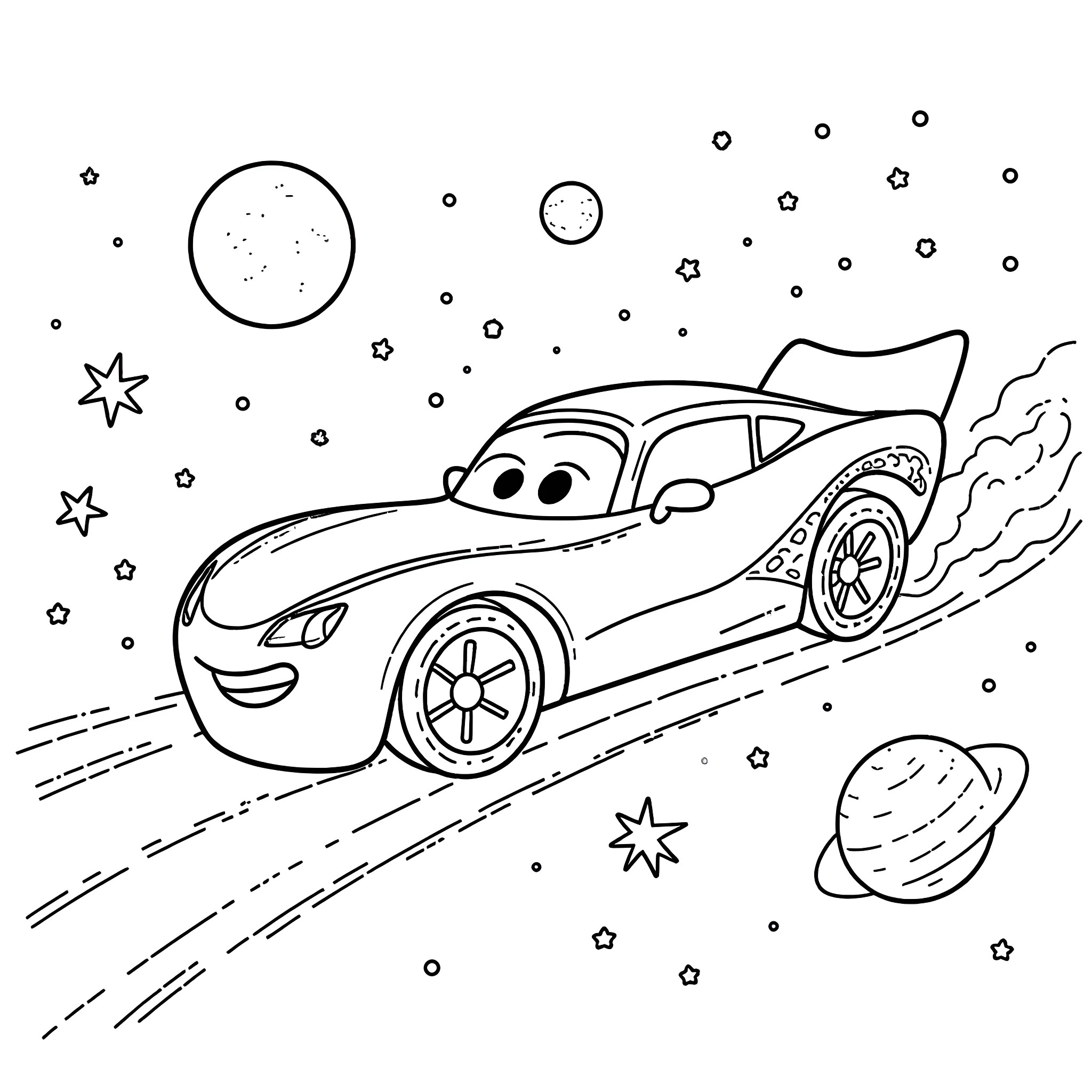 Flash McQueen's Cosmic Adventure Coloring Page (free black-and-white line drawing printable PDF for all, from beginners to advanced learners, including children, teens, adults, and seniors)