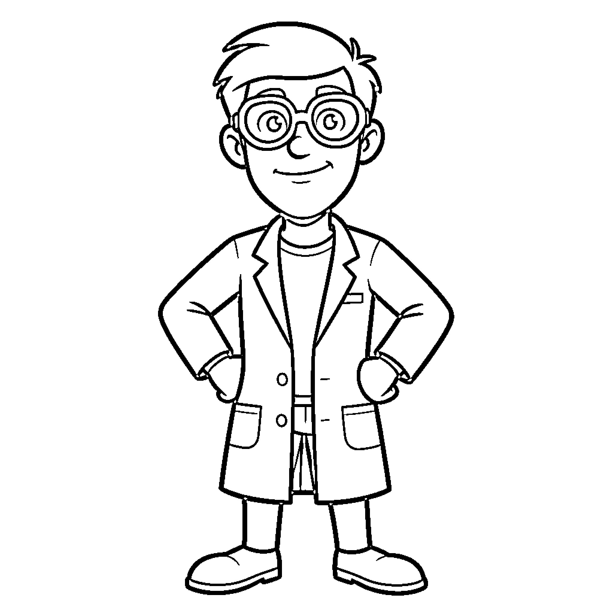 Dexter wearing a lab coat and smiling confidently Coloring Page (free black-and-white line drawing printable PDF for all, from beginners to advanced learners, including children, teens, adults, and seniors)