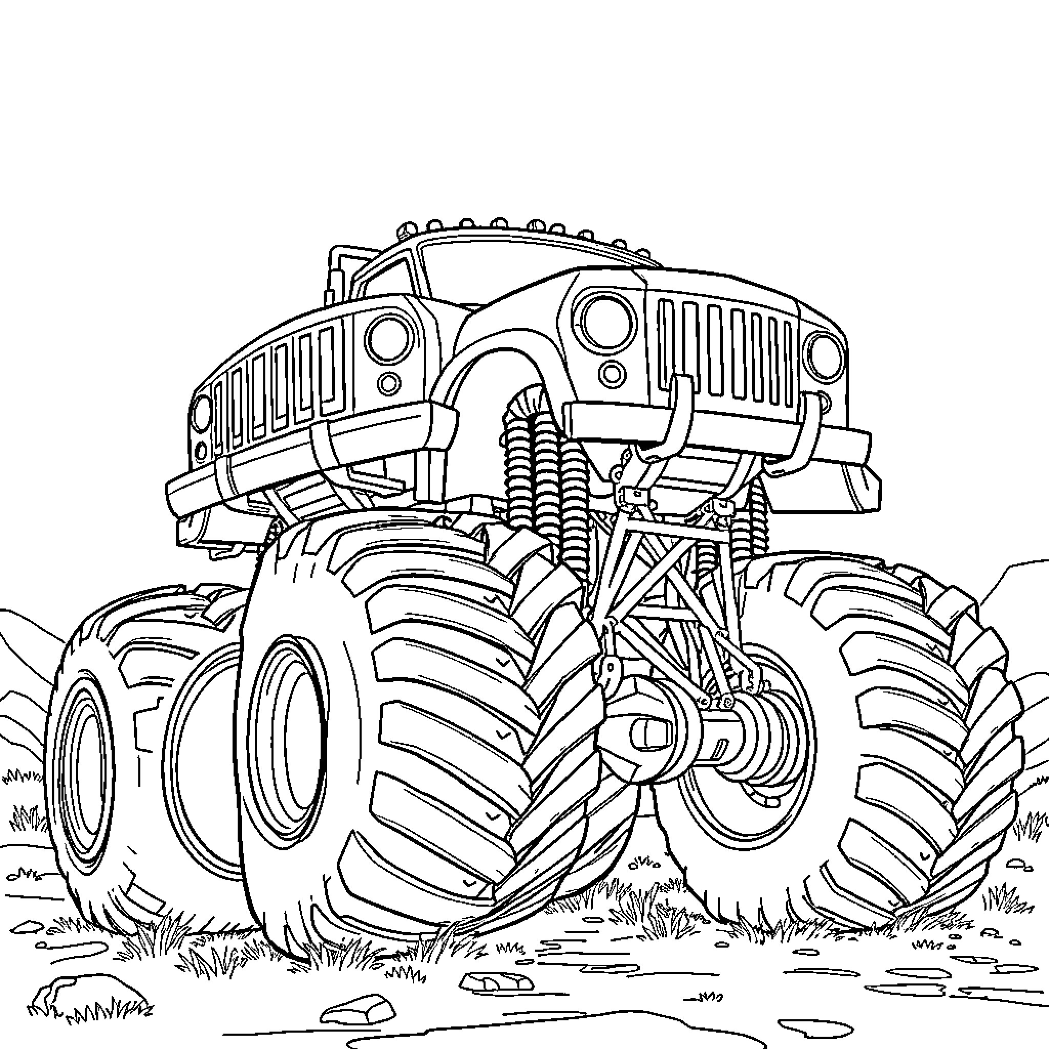 Monster Truck Crushing through the Muddy Terrain Coloring Page (free black-and-white line drawing printable PDF for all, from beginners to advanced learners, including children, teens, adults, and seniors)