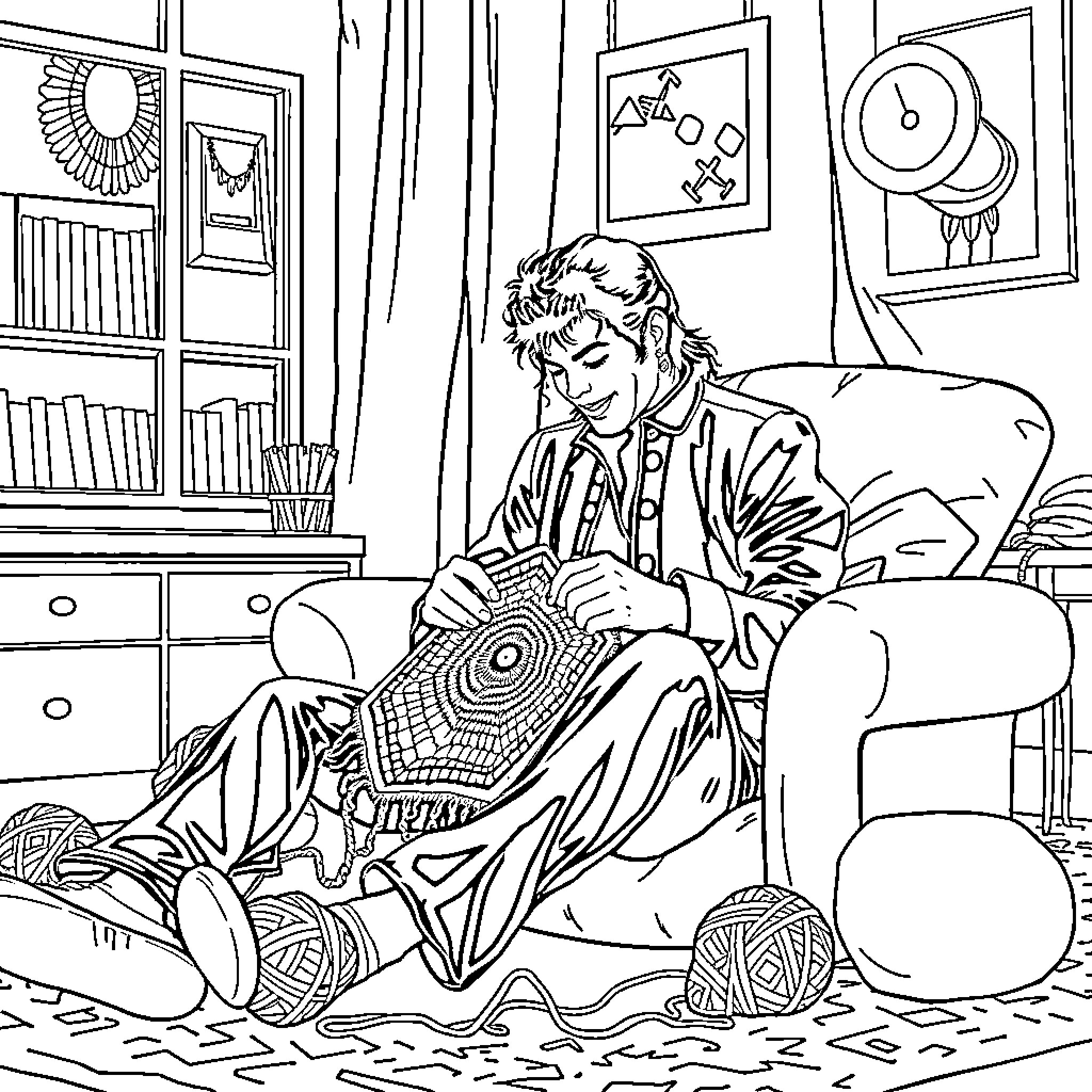 Michael Jackson's Artistic Endeavors in His Studio Coloring Page (free black-and-white line drawing printable PDF for all, from beginners to advanced learners, including children, teens, adults, and seniors)