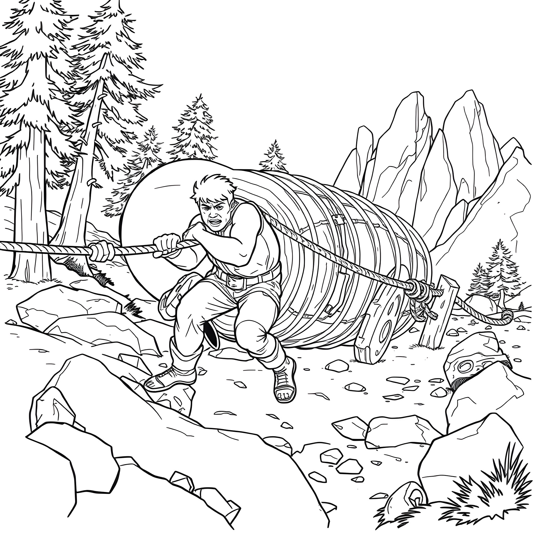 Hauling supplies through the rugged mountains Coloring Page (free black-and-white line drawing printable PDF for all, from beginners to advanced learners, including children, teens, adults, and seniors)