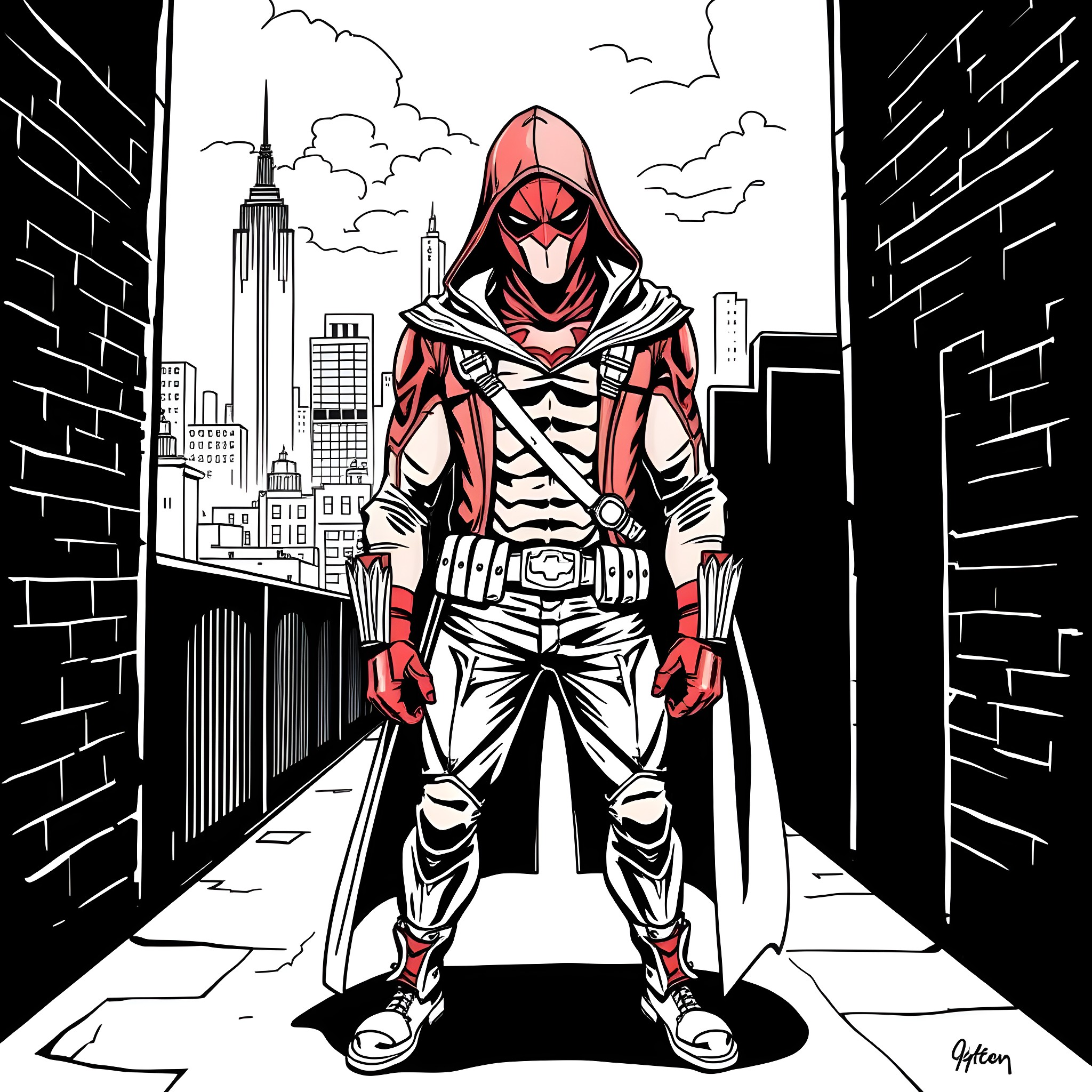 Red Hood Vigilante in the City Streets Coloring Page (free black-and-white line drawing printable PDF for all, from beginners to advanced learners, including children, teens, adults, and seniors)