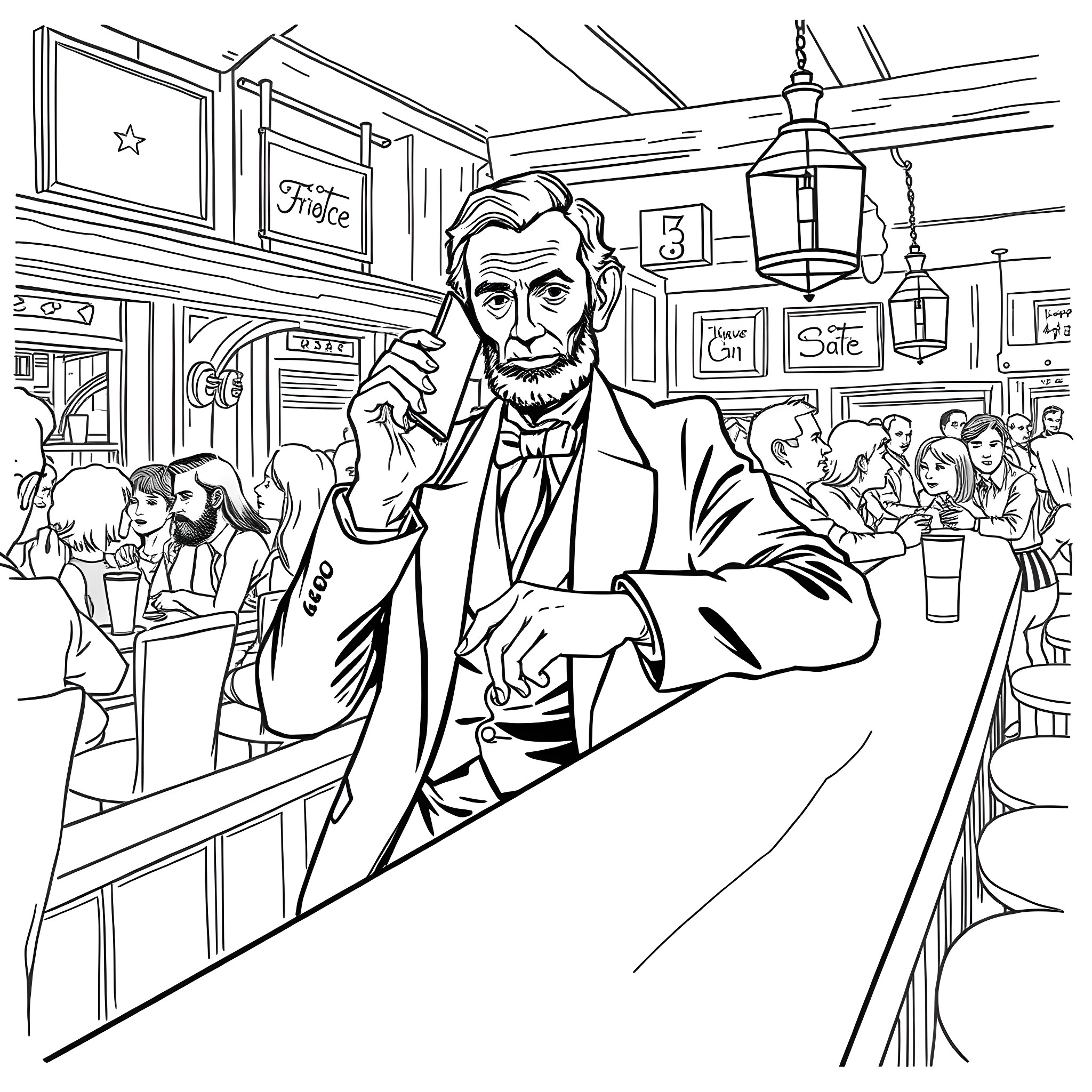 Abraham Lincoln in a lively city street scene Coloring Page (free black-and-white line drawing printable PDF for all, from beginners to advanced learners, including children, teens, adults, and seniors)