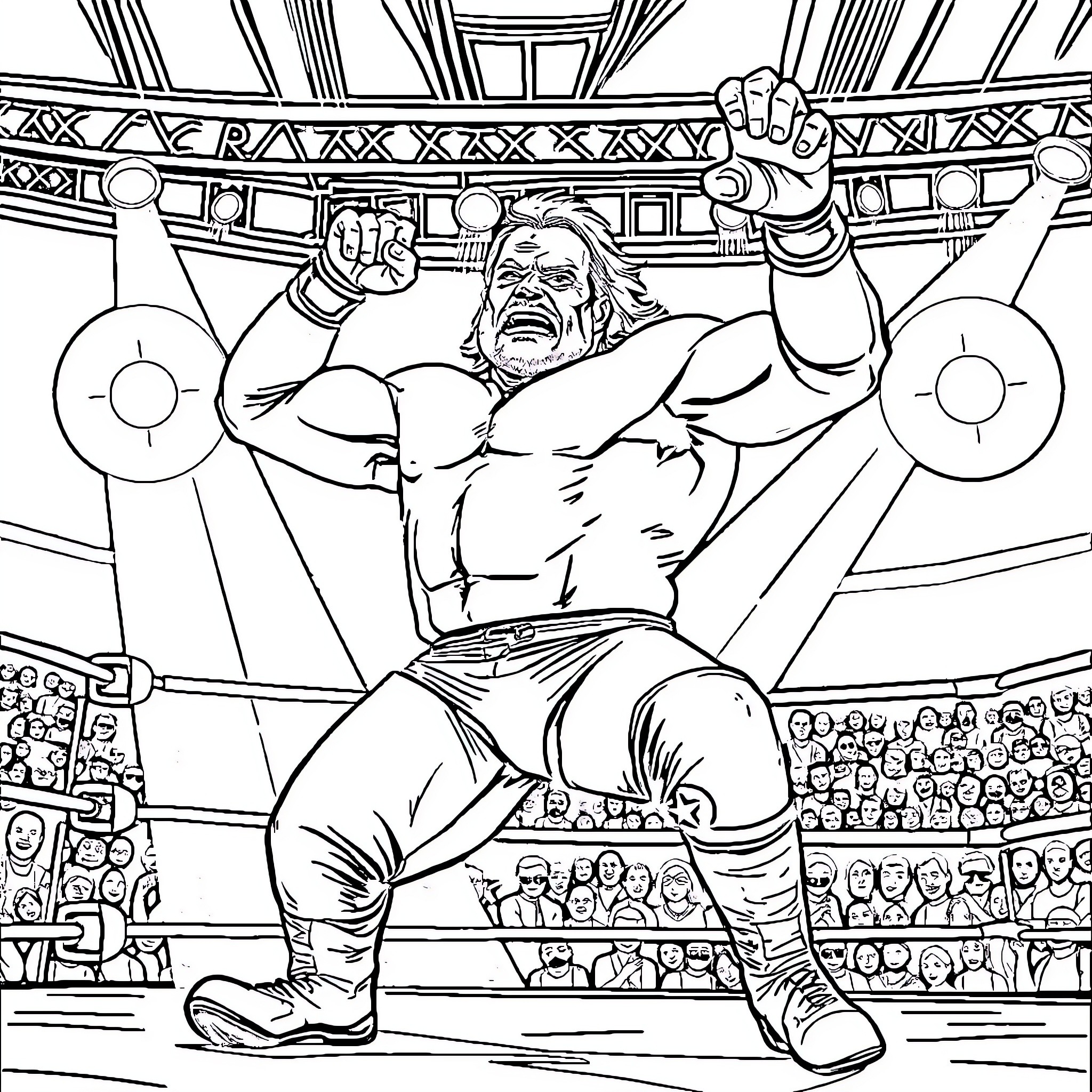 Wrestler celebrating victory in the ring Coloring Page (free black-and-white line drawing printable PDF for all, from beginners to advanced learners, including children, teens, adults, and seniors)